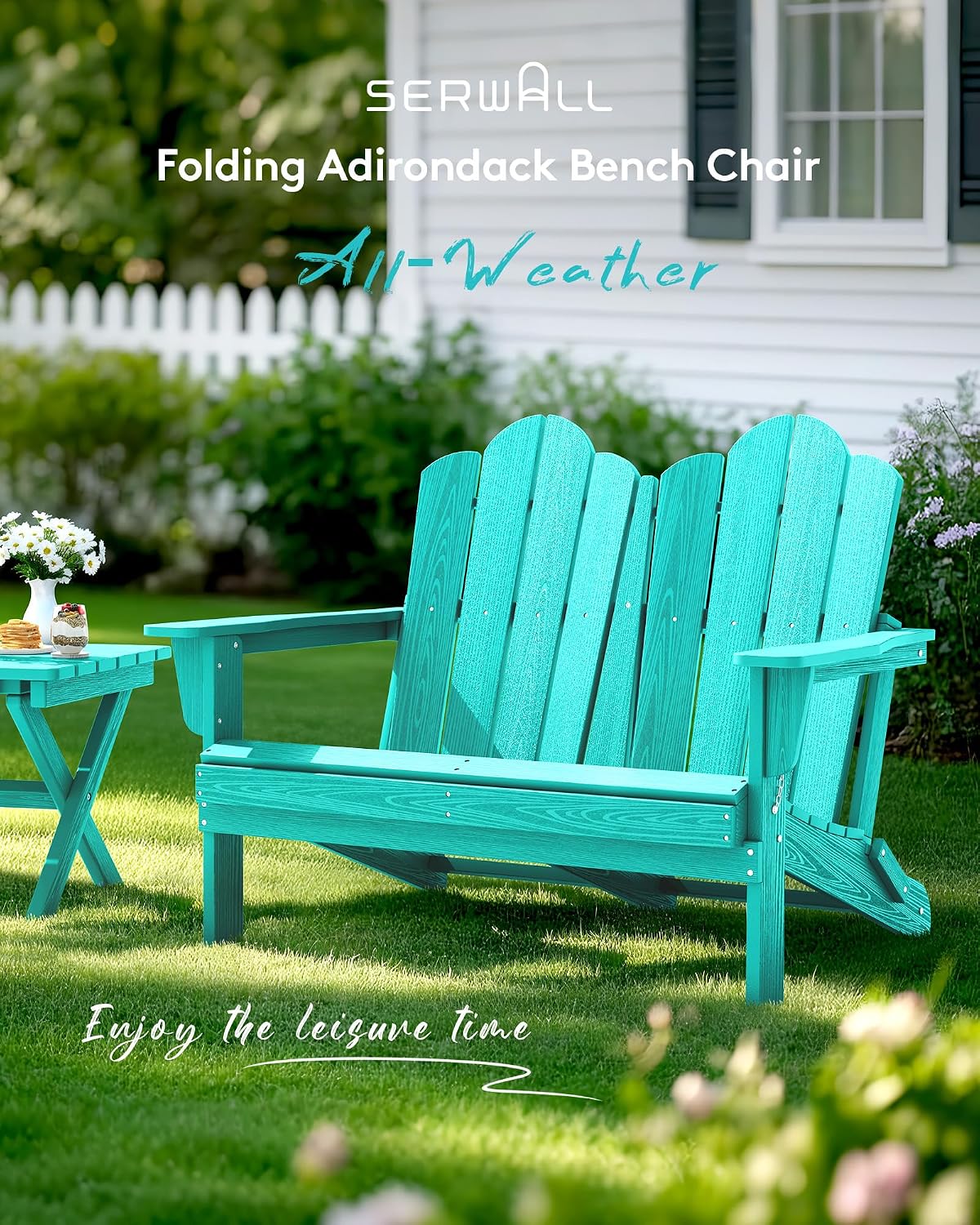 SERWALL Folding Adirondack Bench, HDPE All-Weather Adirondack Loveseat, 660 lbs Capacity, Foldable Outdoor Patio Bench for Deck, Lawn, Garden, Aruba