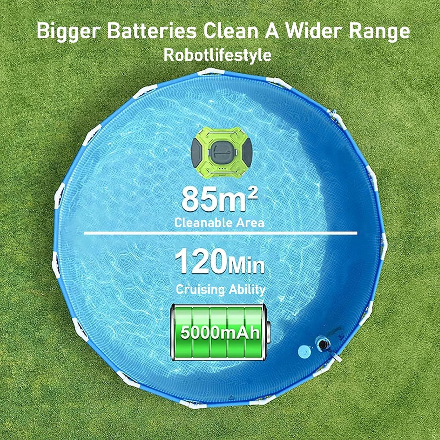 Cordless Robotic Pool Cleaner, Swimming Pool Robot Cleaner Vacuum Cleaning Equipment Automatic 2 Hours Working Time 5000mAh High Suction Owe Self-Parking