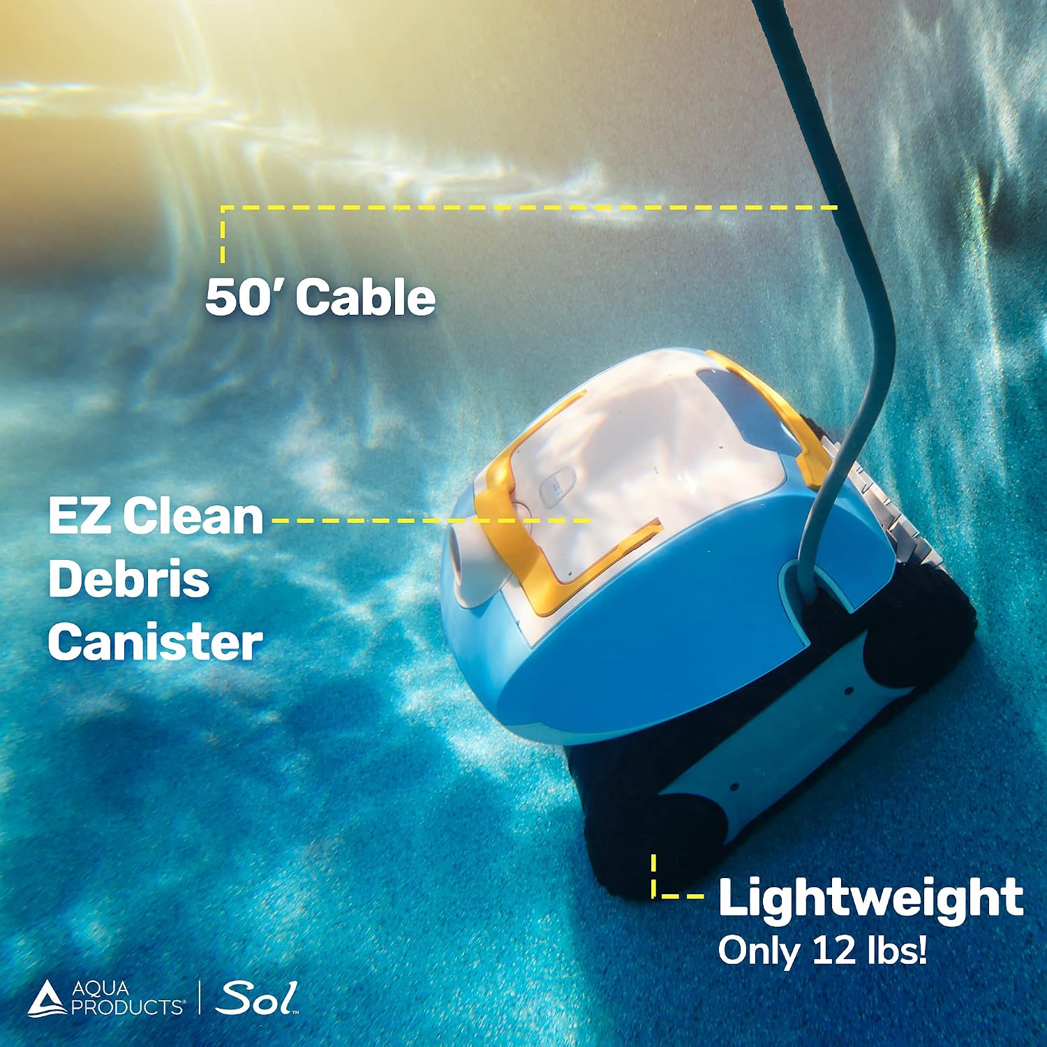 Aqua Products Sol Robotic Pool Cleaner, Automatic Vacuum for Inground Pools up to 36ft, 50ft Cable Length, Wall Climbing Vac w/Strong Suction & Easy to Clean Debris Basket