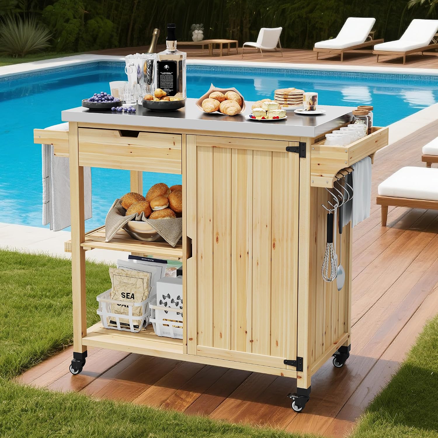 Solid Wood Outdoor Grill Cart Storage Cabinet Outdoor Grill Cart, BBQ Cart Prep Table with Stainless Steel Top, Drawer, & Open Shelves, Portable Rolling Kitchen Island for Patio, Garden, Backyard