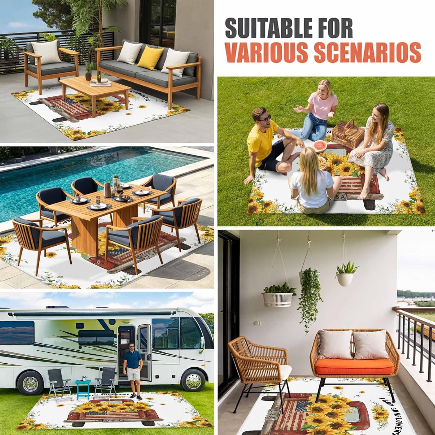 Sunflower Truck Outdoor Rug for Patio/Deck/Porch, Non-Slip Large Area Rug 5 x 7 Ft, Yellow Flowers Summer Botanical Watercolor Indoor Outdoor Rugs Washable Area Rugs, Camping Rug Carpet Runner