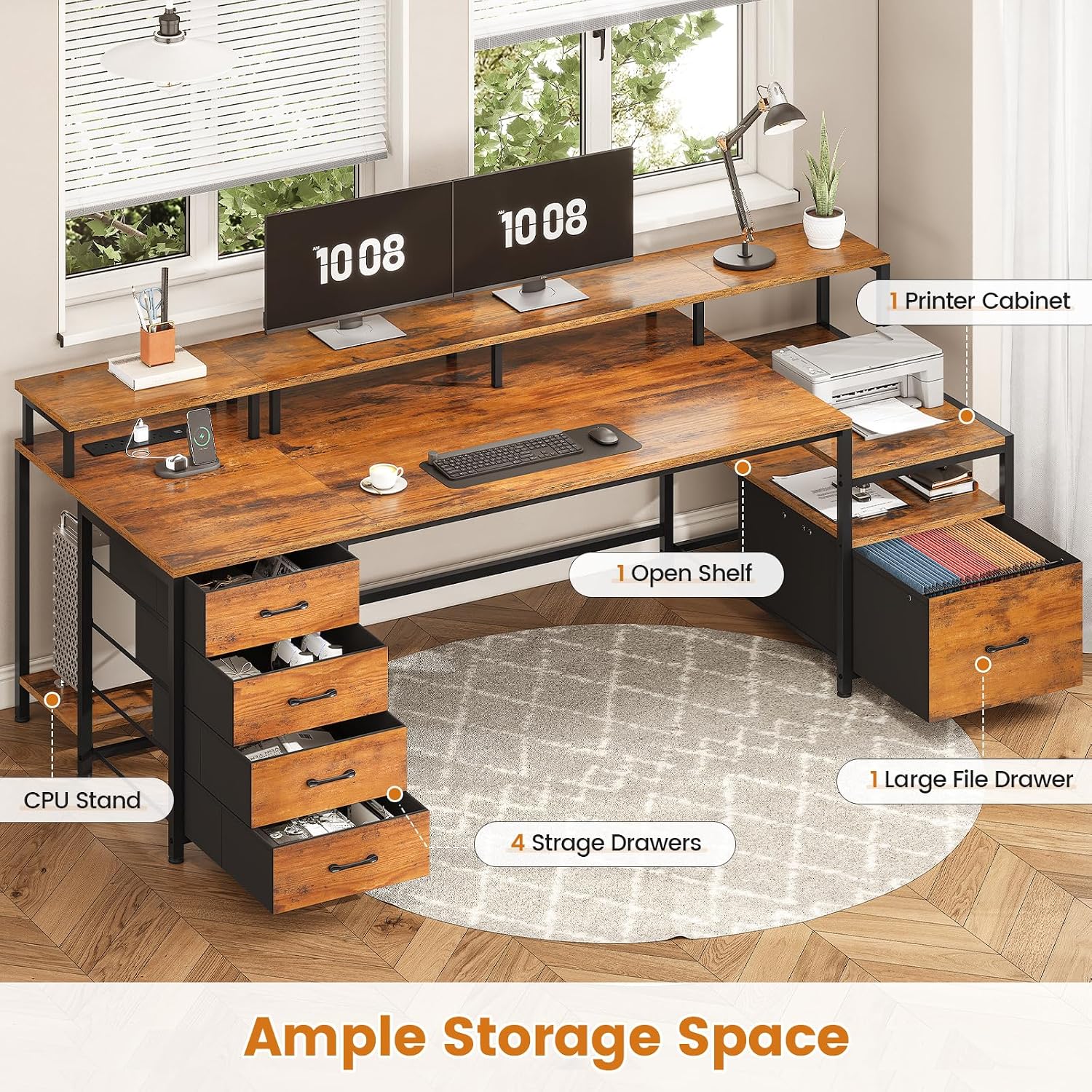 SEDETA Home Office Desk with File Drawer & Power Outlet, 75'' Large Computer Desk with 5 Drawer, Storage Shelves, Monitor Shelf and Led Lights, 23.6' W Desktop Gaming Desk, Rustic Brown