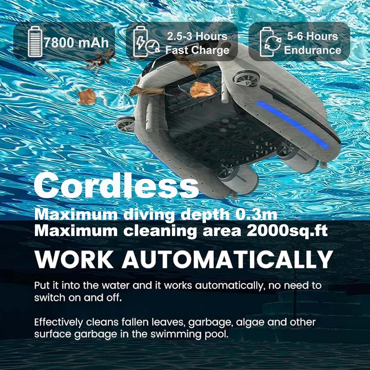 Pool Skimmer,Cordless Pool Cleaner Robot with Remote Control,10l Robotic Pool Skimmer-7800mah Battery,Automatic Pool Cleaner-Salt Resistan Durable Motor,Cleans 2000 Sq Ft,24/7 Cleaning