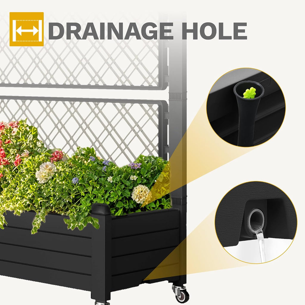 DWVO 3.6 x 1.5 x 5 FT Raised Garden Bed with Trellis, Large Outdoor Planter Trellis Box with Drainage Holes and Wheels for Climbing Plants, Black