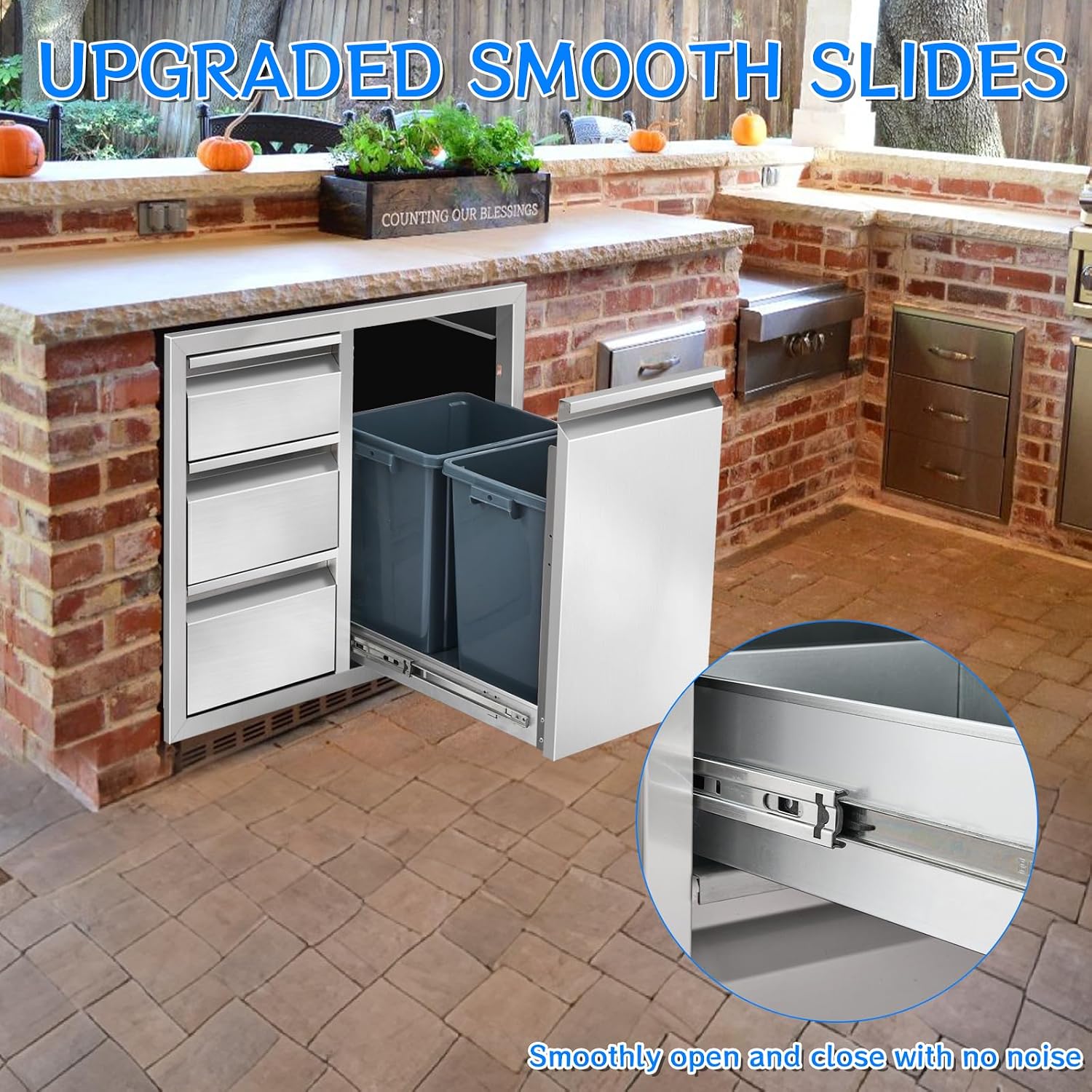 Outdoor Kitchen Drawer Combo, Stainless Steel Triple Drawer Cabinet with Built-in Trash Bin Drawer & Two Trash Cans, 28' W x 22' H x 19.5' D Outdoor Kitchen Storage for BBQ Grill Islands
