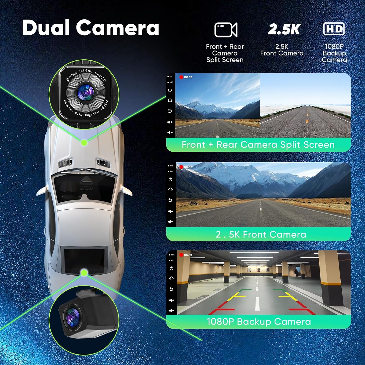 9.3' Carplay Screen for Car with Backup Camera, 2.5K Wireless Display, Android Auto Compatible, Portable Dash Cam, Touch Monitor, GPS Navigation, Bluetooth FM Transmitter, Universal Mount, Gifts
