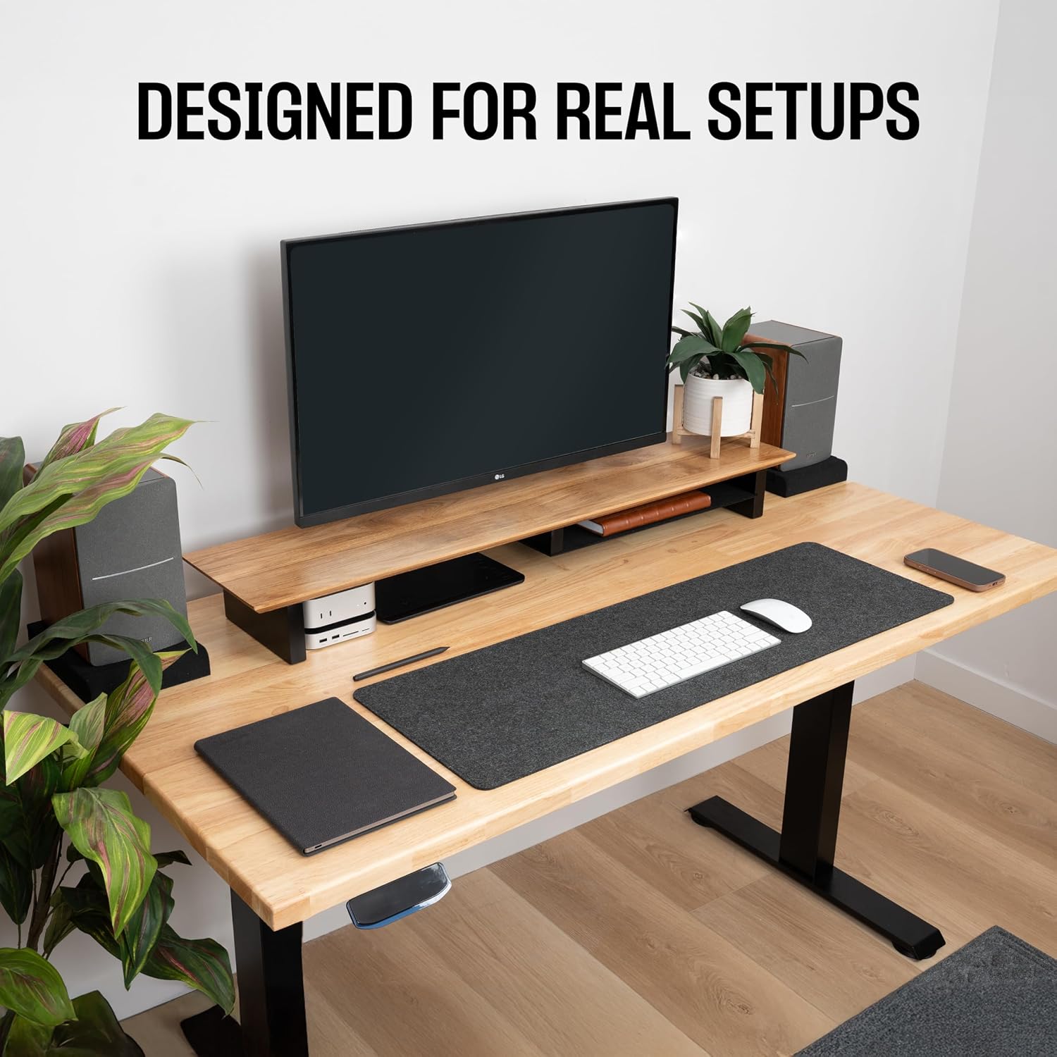 COREMINDED Solid Wood Dual Monitor Stand Riser – 42' Oak Desk Shelf for 2 Monitors with Tray & Wool Felt, Organizer for Desktop, Laptop and Office (Solid Oak)