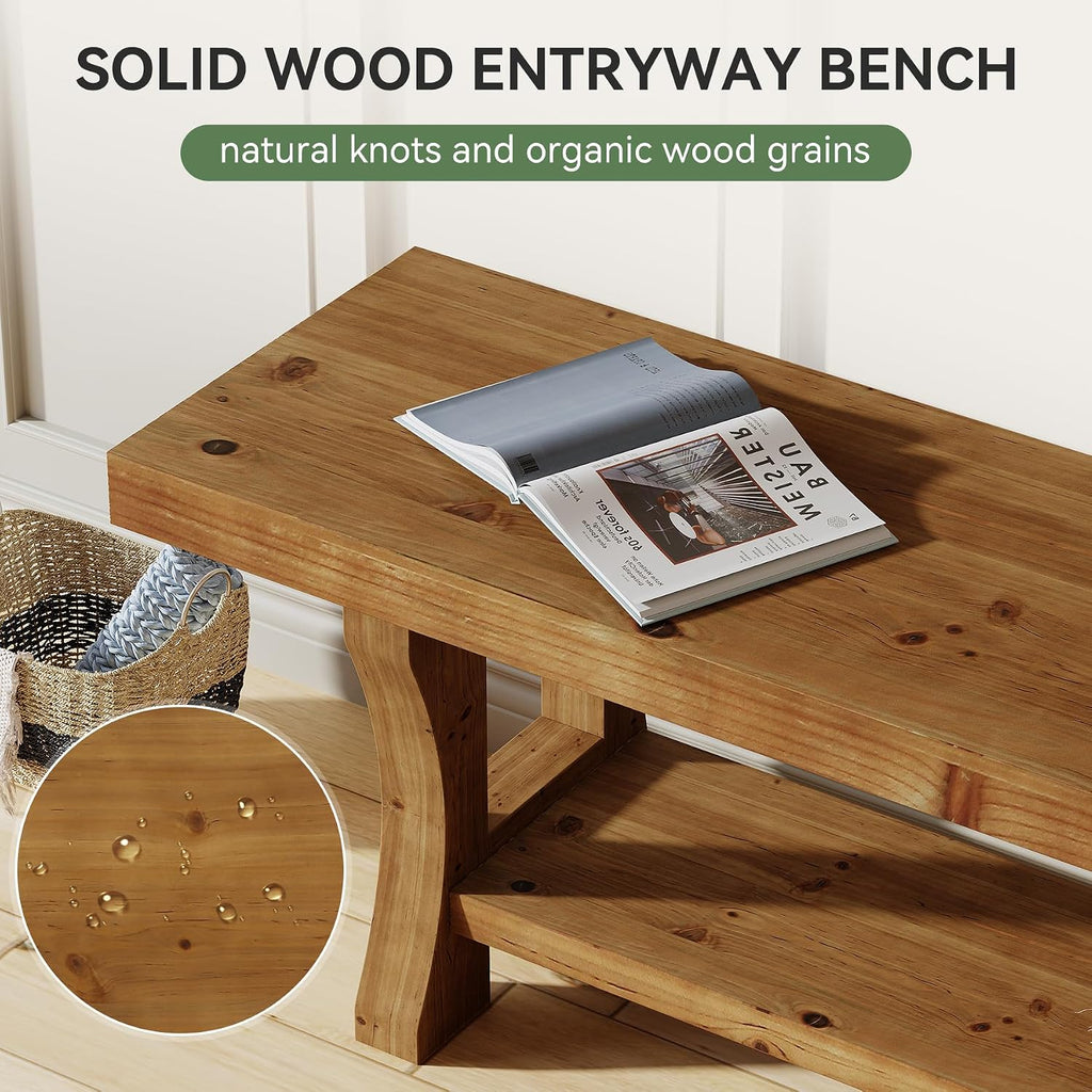 Solid Wood Entryway Bench, 55' End of Bed Bench, Long Indoor Dining Seat for Hallway, Bedroom, Living Room, Dining Room, Easy Assembly, Brown