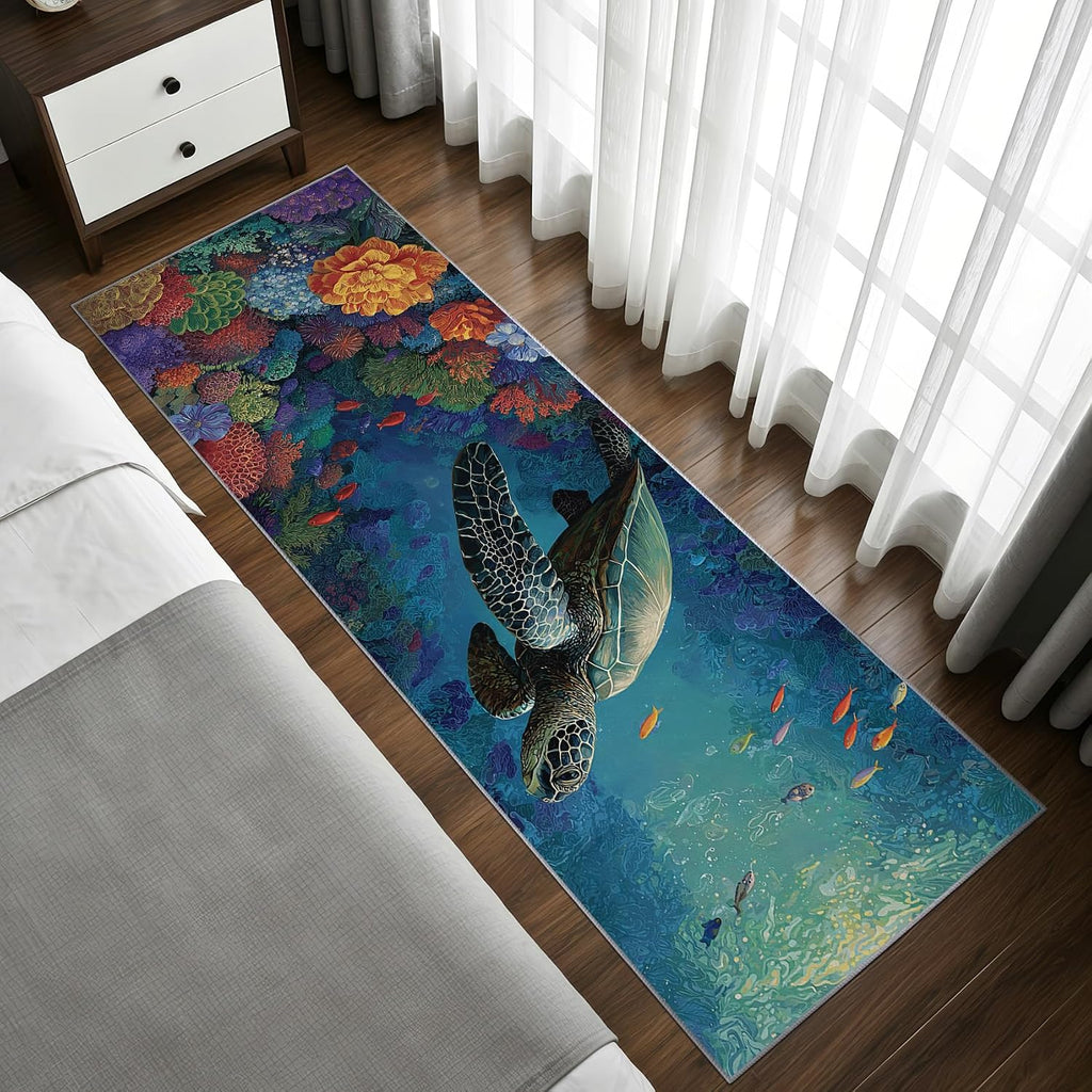 Sea Turtle Rug Runner 4x8 - Washable Non Slip Runner Rug for Hallway - Fish Coral Underwater Kitchen Rugs - Coastal Ocean Animal Carpet Runners for Hallway, Laundry Room, Bedroom, Bathroom