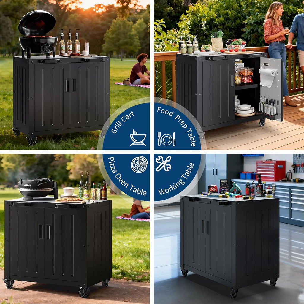 Garvee Grill Table, Outdoor Grill Cart Bar Cart with Storage Cabinet for Grilling Accessories, Outdoor Cooking Table, Made Entirely of Stainless Steel, for Kitchen Prep, Working Table, Lawn & Garden