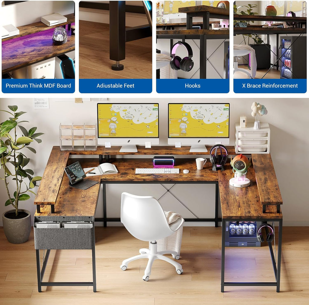 U Shaped Gaming Desk, 79' Reversible U Shaped Desk with Power Outlets, LED Lights, Monitor Stand & Storage Shelves, Corner Office Desk for Home Office, Gaming, Workstation (Tiger Stripes)