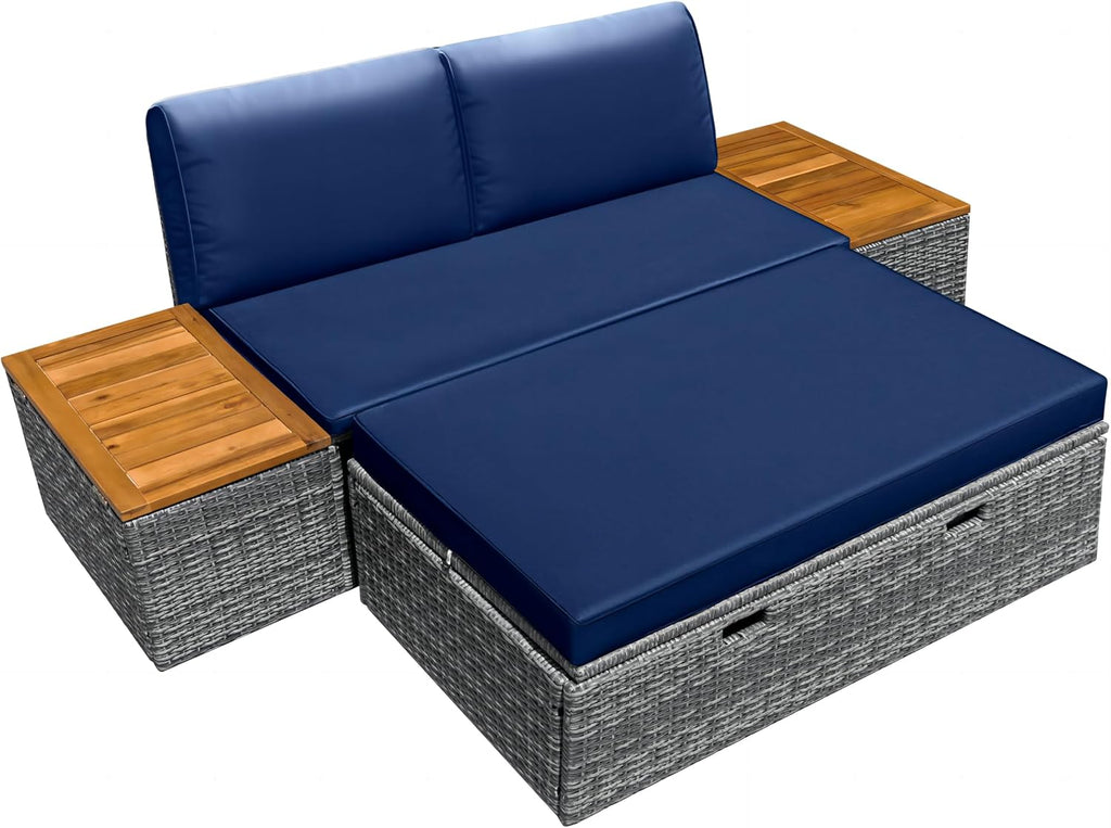 Greesum Outdoor Daybed Set Multifunctional Wicker Lounge Bed Furniture with Two Side Tables, Cushions, Storage Bench for Porch Lawn Patio Beach, OneSize, Blue