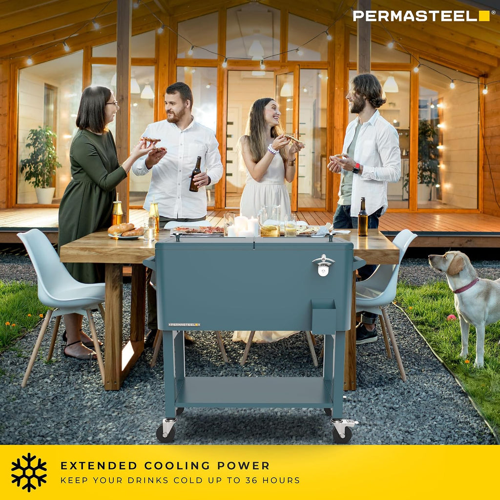 Permasteel Party Cooler with Divider, Removable Basin, Spacious 80-Qt Capacity, Chills 36hrs, Serving Tray, Rolling Ice Chest for Indoor & Outdoor