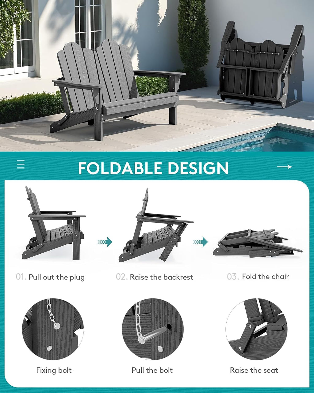 SERWALL Adirondack Bench, HDPE All-Weather Adirondack Loveseat, Outdoor Adirondack Chair for 2, Grey