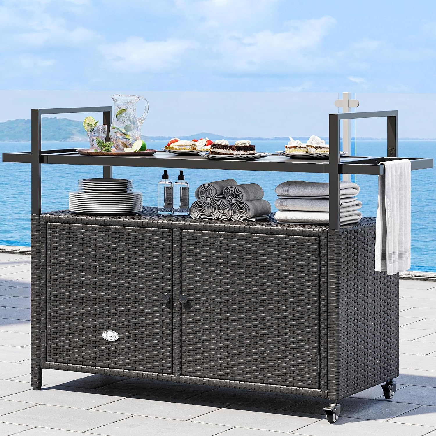 YITAHOME Large Outdoor Kitchen Wicker Island Rolling Cart, Patio Bar Table with Thickened Frame, Patio Storage Cabinet w/Wheels and Black Glass Table Top Backyard and Poolside Dark Brown