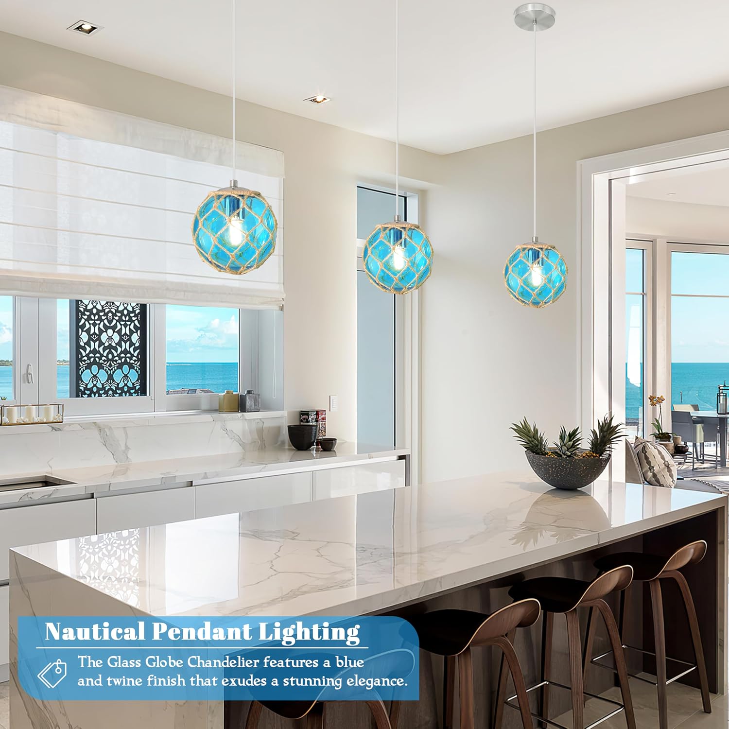 3 Pack 6' Blue Coastal Pendant Light Kitchen Island,Glass Globe Ocean Ceiling Light Fixture Beach House,Dimmable Hemp Rope Light Fixture Hanging For Bathroom Living Room Farmhouse Bedroom(Bulb Incl.