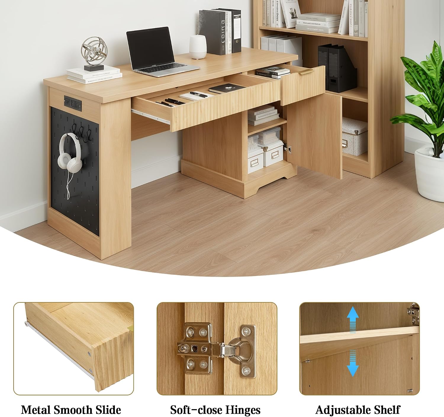 RiteSune 55' Office Desk with USB Charging, Fluted Computer Desk with Pegboard, Convertible Keyboard Tray & Adjustable Storage Cabinet, Modern Home Office Desk