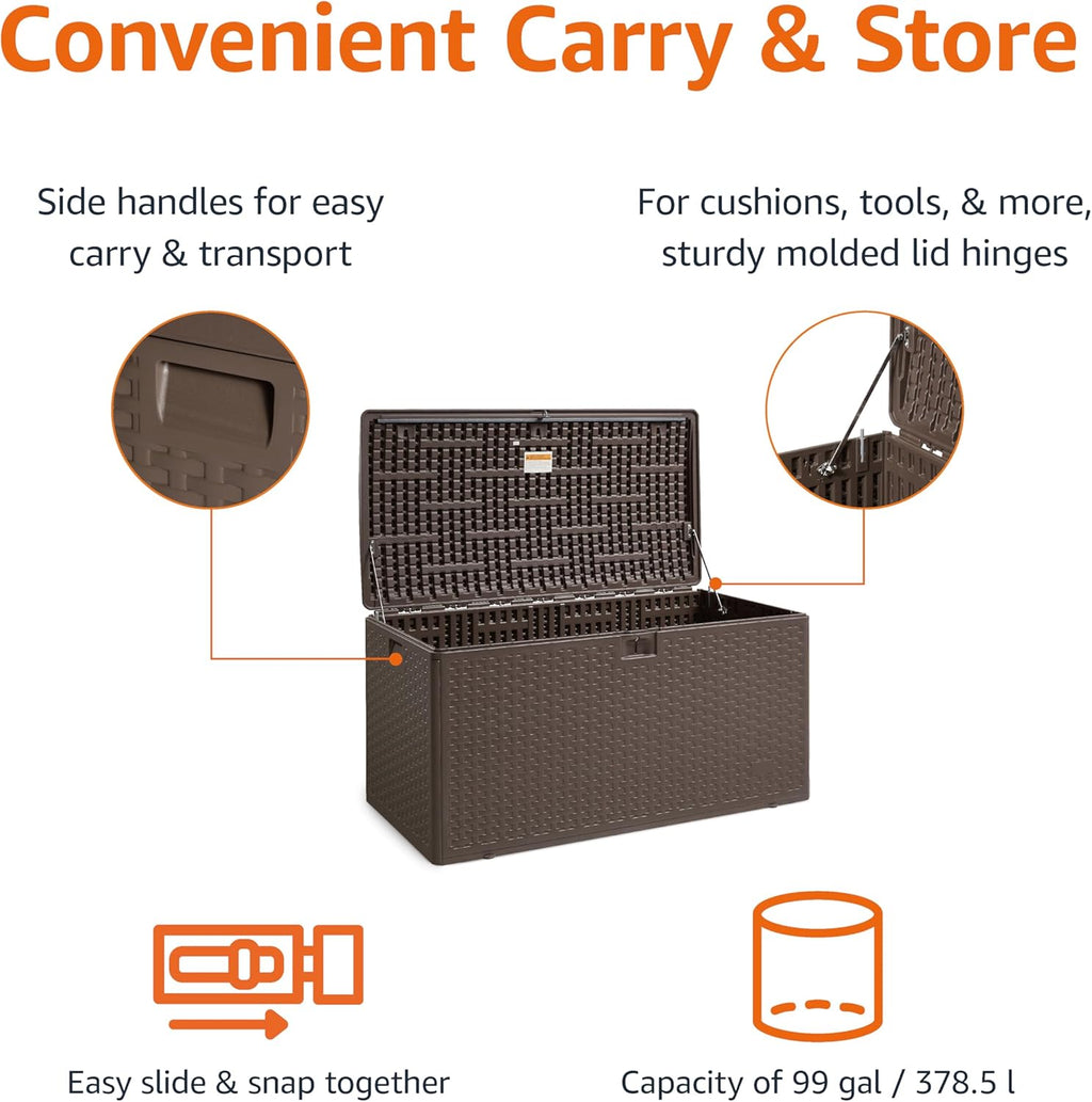 Amazon Basics Outdoor Storage Deck Box, Lockable, Weather-Resistant, 99 Gallon, Brown, for Patio Cushions, Gardening Tools, Pool Accessories