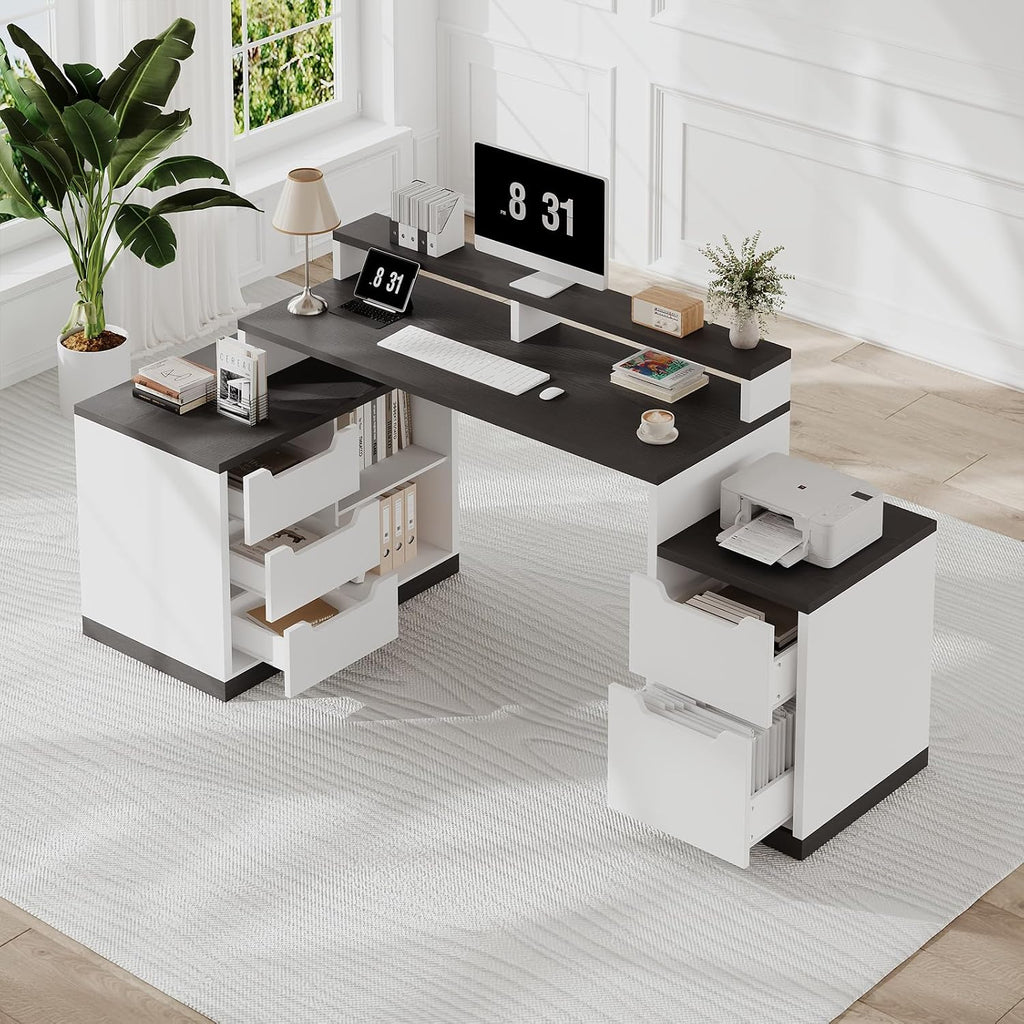 MaverickFurni Modern L Shaped Desk with Drawers, 71 Inch Home Office Desk with File Cabinet and Printer Shelf, Wood Computer Desk with File Drawers and Monitor Stand, White and Black