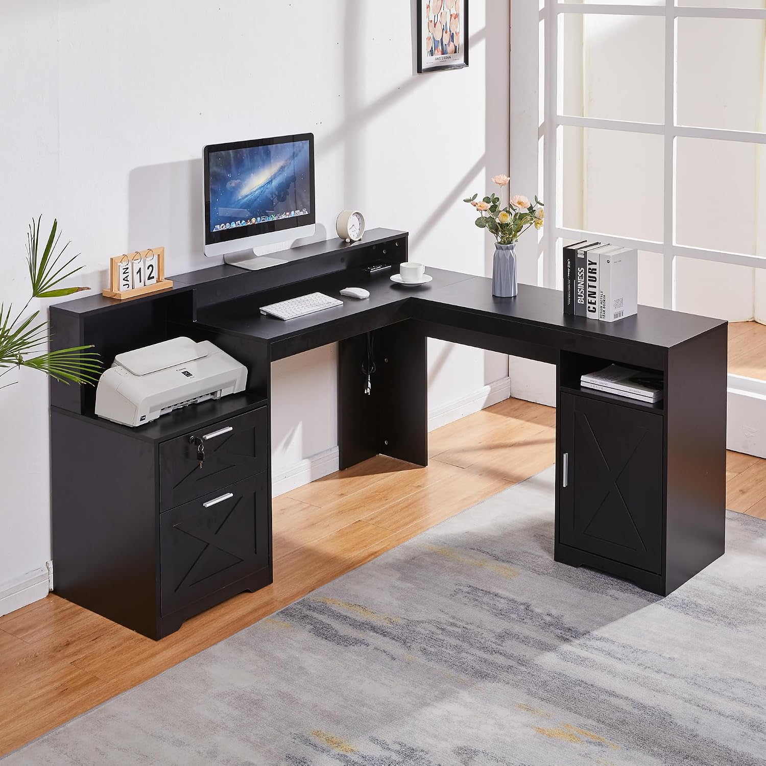 60' L Shaped Executive Desk with Printer Space,Corner Computer Desk with Power Outlets,Lockable Drawers & Adjustable File Cabnet,L Shaped Office Desk with Monitor Stand (Black)