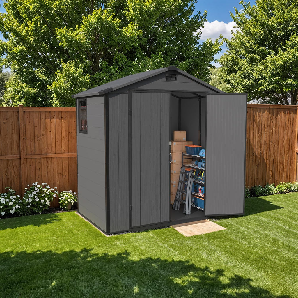 Patiowell 6X4 FT Plastic Outdoor Storage Shed with Floor, Resin Outside Tool Sheds with Window and Lockable Door for Backyard, Garden, Tool Storage Usage, Easy to Install, Dark Grey