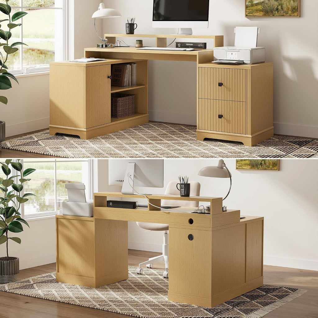 67' L Shaped Executive Desk with Drawers & Storage Shelf, Corner Computer Desk with Power Outlets, Home Office Desk with Monitor Stand, Printer Shelf, Computer Writing Desk for Work, Oak