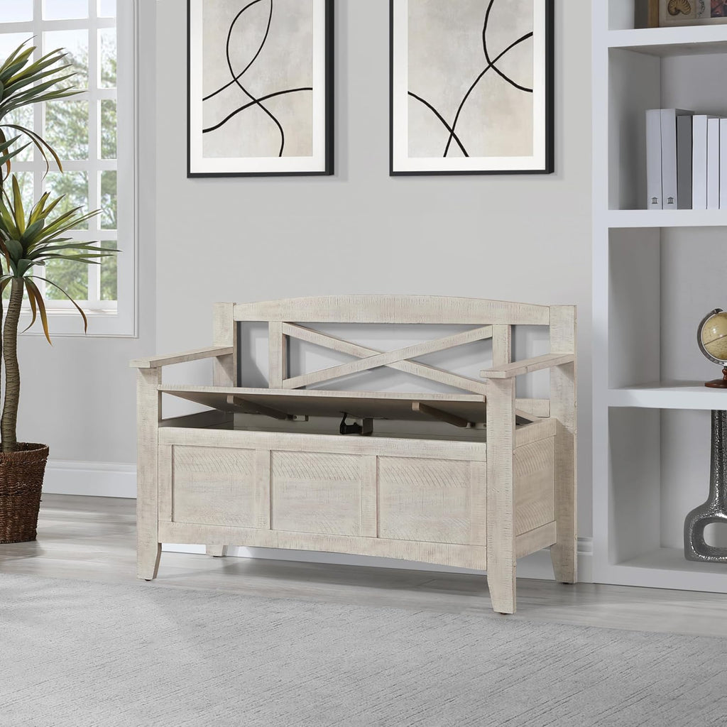 OSP Home Furnishings Metro Entry Way Storage Bench with X-Back, Distressed White Finish