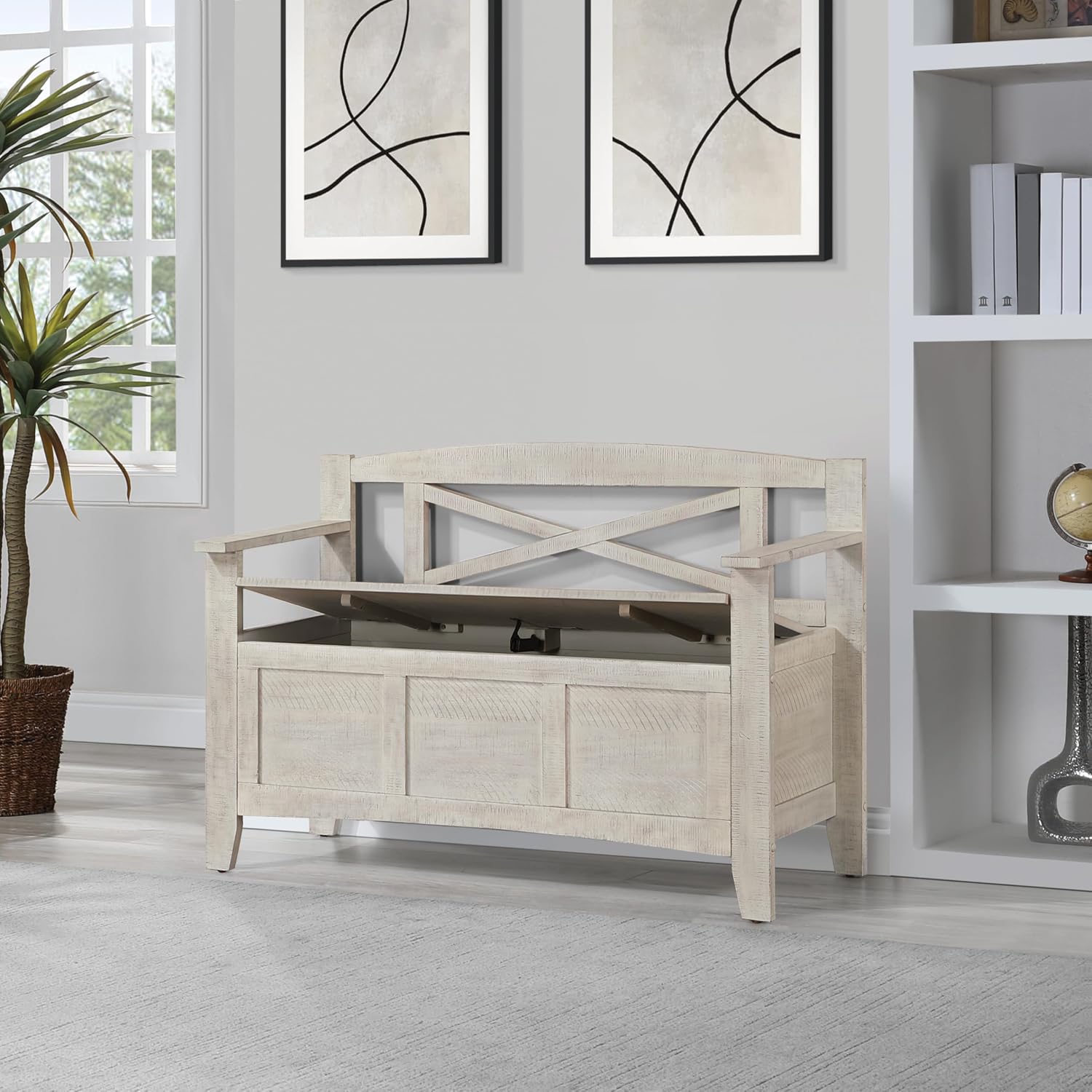 OSP Home Furnishings Metro Entry Way Storage Bench with X-Back, Distressed White Finish