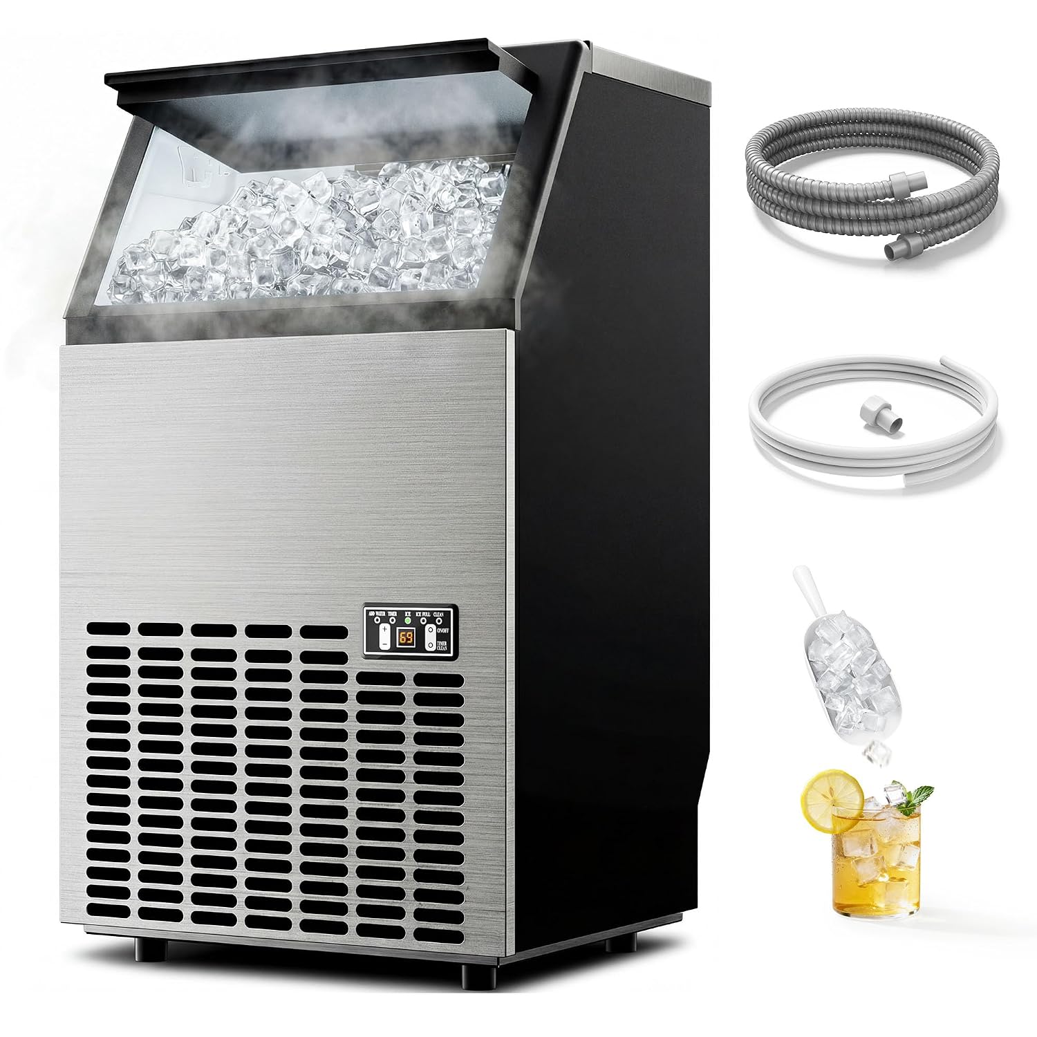 EUHOMY Commercial Ice Maker Machine - 110lbs Daily Production, 33lbs Ice Storage, Stainless Steel Freestanding & Under Counter Ice Maker, Ideal Ice Maker for Home/Bar/Restaurant/Outdoor Activities