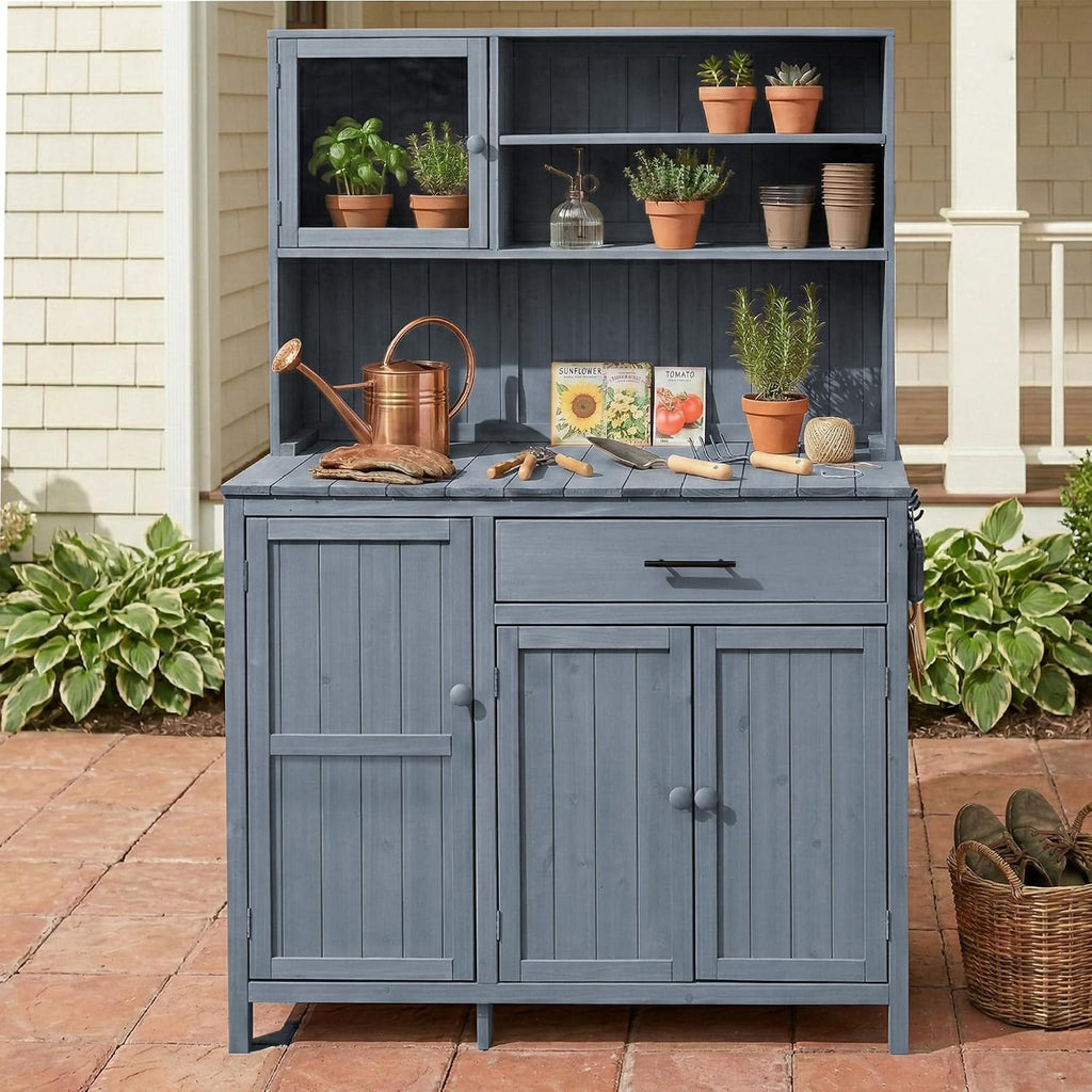 65' H Potting Bench with Hutch, Solid Fir Wood Patio Kitchen Island with Adjustable Shelves, 2-Tier Inner Spice Rack in Door, Side Hook and Drawer, Large Countertop, Magnetic Stoppers (Gray-115)