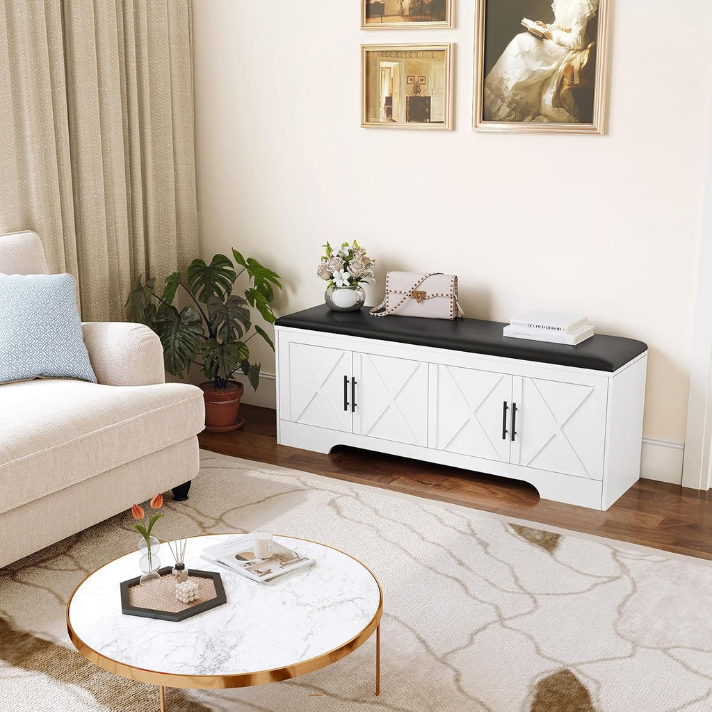 DreamDashio Farmhouse Storage Bench with Lift Top Storage, 47.2' Entryway Bench with Cushioned Seat, End of Bed Bench, Wooden Storage Chest Trunks, for Entryway, Bedroom, Living Room,White