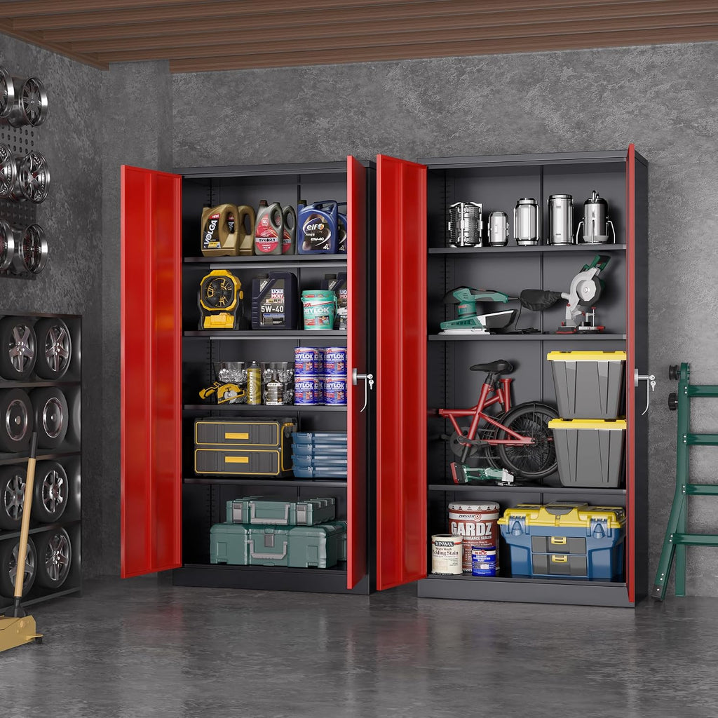 Greenvelly Metal Garage Storage Cabinet with 2 Doors and 4 Adjustable Shelves, 72'H Steel Lockable Storage Cabinet,Tall Metal Cabinet Locking File Cabinet for Office,Home, Garage, Gym, School