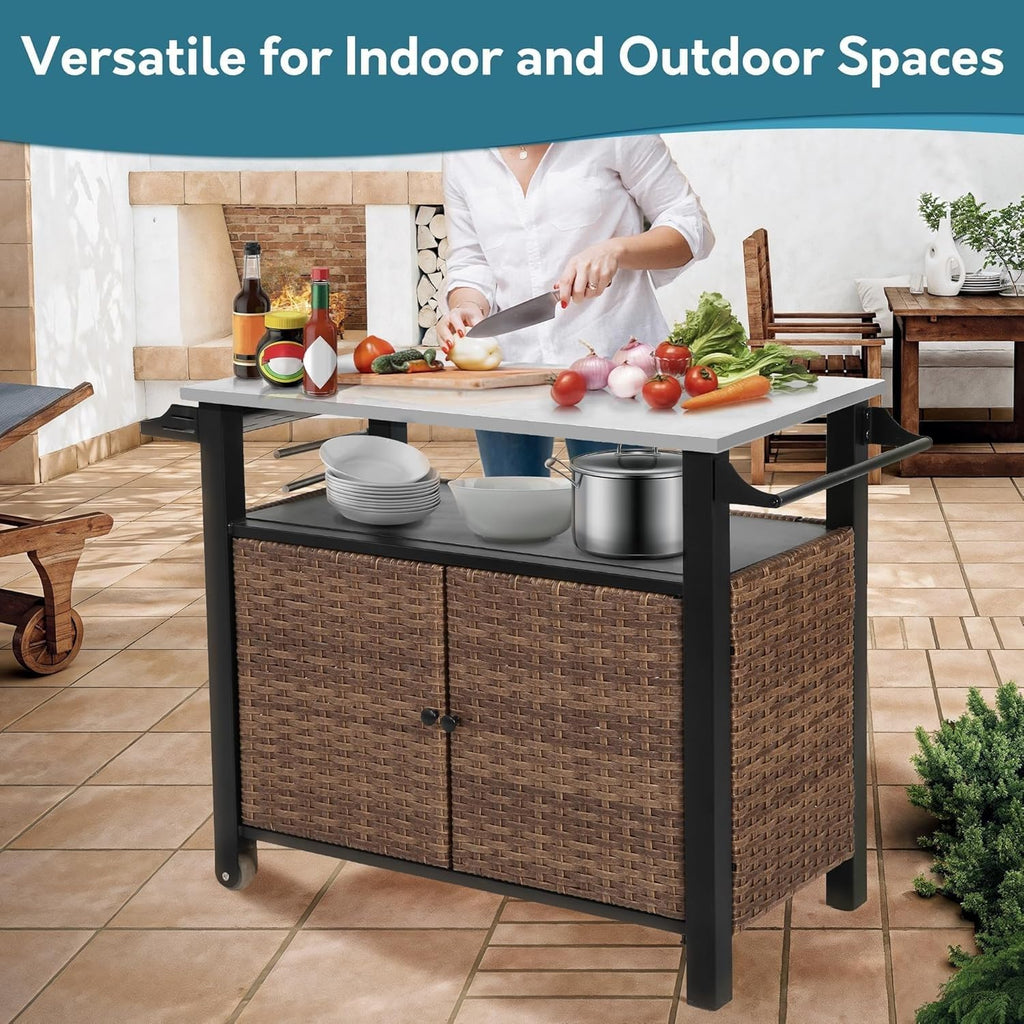 47.2' Grill Cart Outdoor with Wheels, Outdoor Prep Table with Wicker Storage and Rolling Wheels, Kitchen Island Serving Cart with Stainless Steel Table Top for BBQ, Porch, Patio, Brown