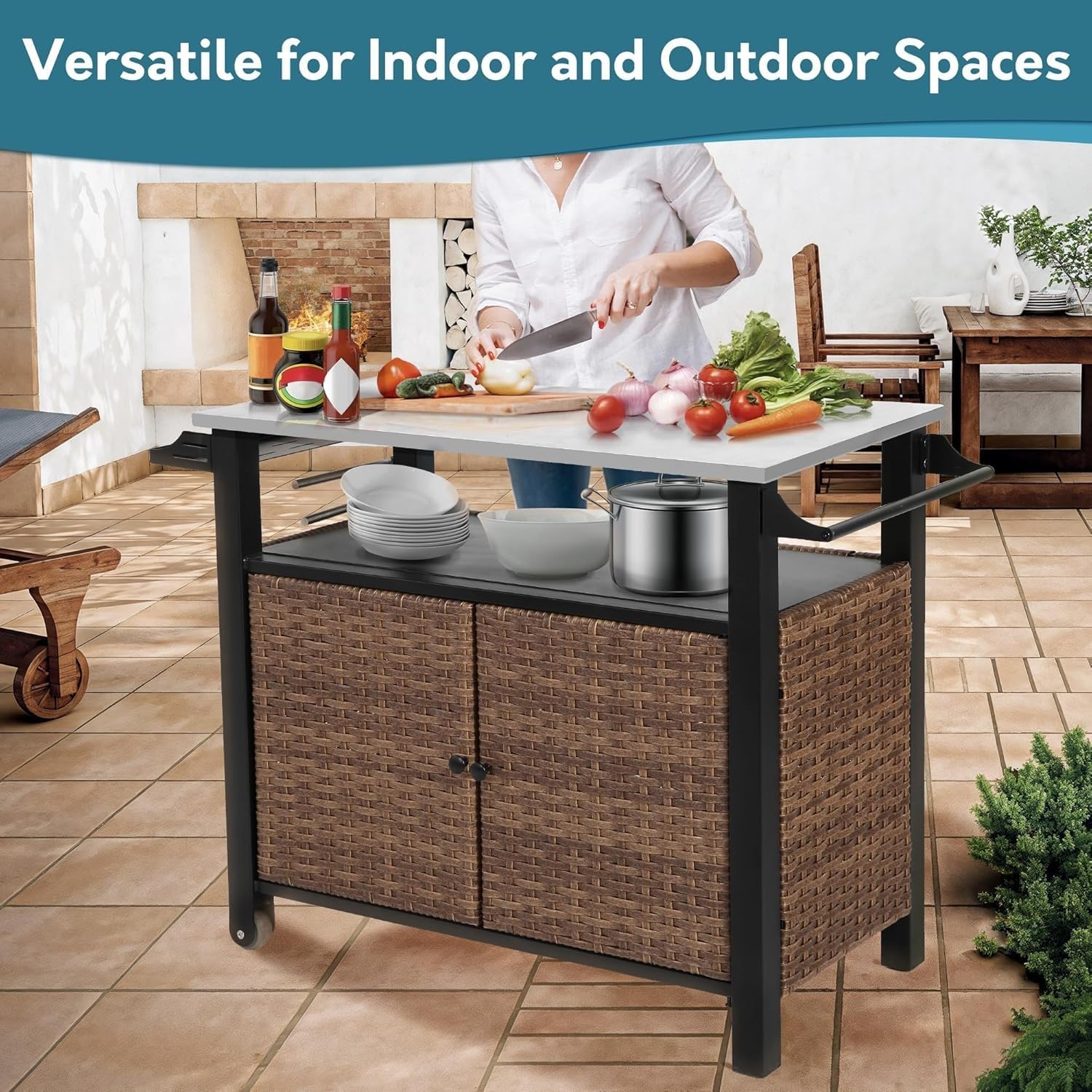 47.2' Grill Cart Outdoor with Wheels, Outdoor Prep Table with Wicker Storage and Rolling Wheels, Kitchen Island Serving Cart with Stainless Steel Table Top for BBQ, Porch, Patio, Brown