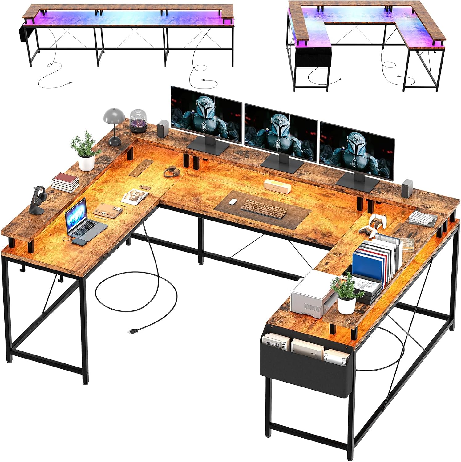 U Shaped Gaming Desk, 79' Reversible U Shaped Desk with Power Outlets, LED Lights, Monitor Stand & Storage Shelves, Corner Office Desk for Home Office, Gaming, Workstation (Tiger Stripes)