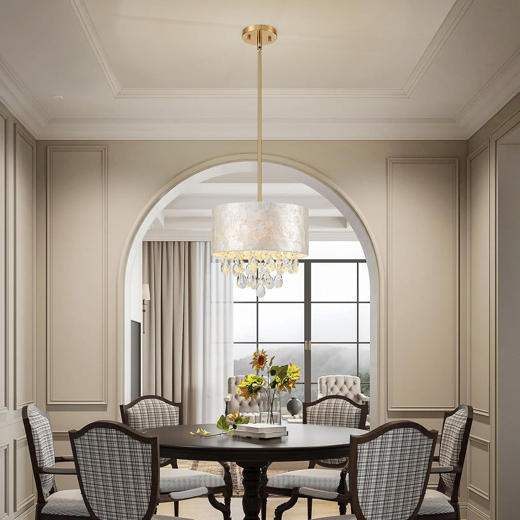 LumFurn D12in Drum Capiz Shell Crystal Chandeliers, 3-Light Coastal Pendant Light Fixture for Dining Room, Living Room, D12xH19~49'(Adjustable), K9 Crystal, Shell Lampshade & Brass Finish
