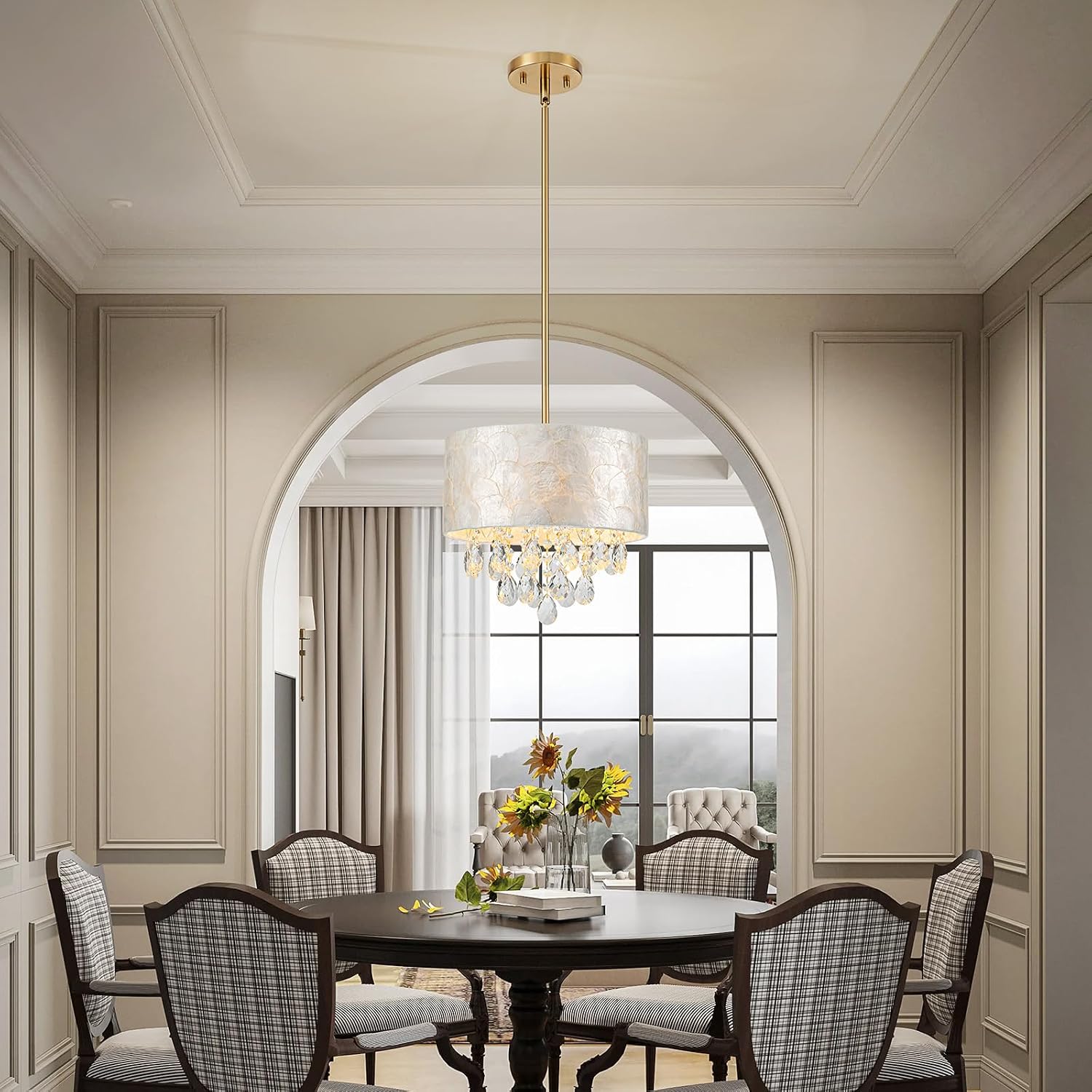 LumFurn D12in Drum Capiz Shell Crystal Chandeliers, 3-Light Coastal Pendant Light Fixture for Dining Room, Living Room, D12xH19~49'(Adjustable), K9 Crystal, Shell Lampshade & Brass Finish