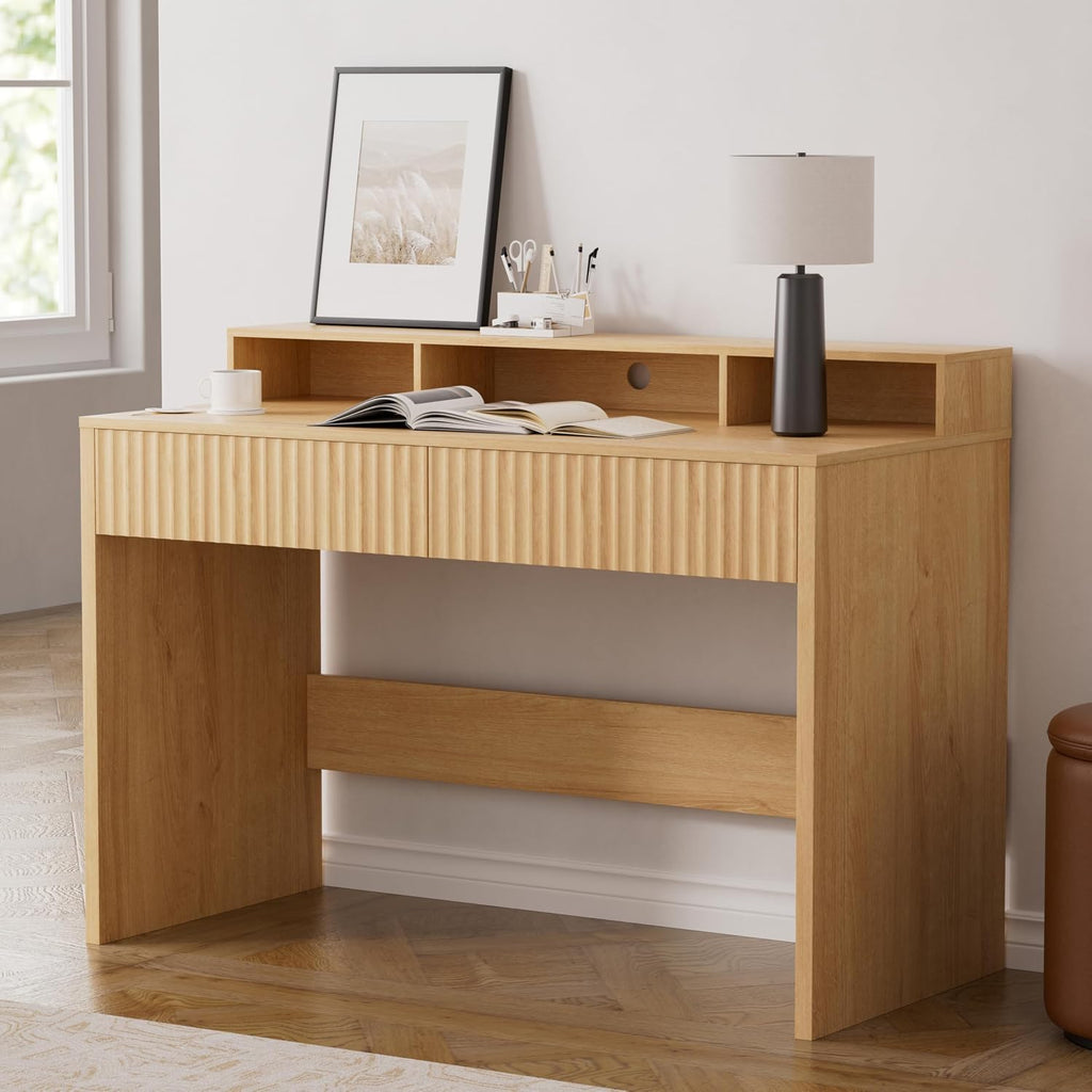 47' Executive Desk with Fluted Drawer, Modern Home Office Desk with Long Monitor Stand and 2 Drawers, Computer Writing Desk for Study Office Vanity, Nautral Oak