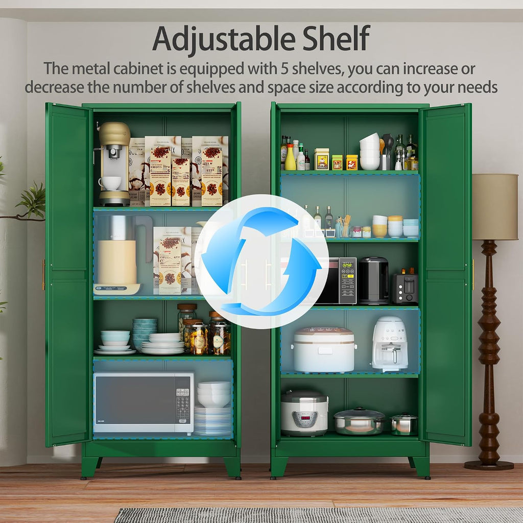 Green Metal Storage Cabinet,75' Steel Cabinets for Home Office, Kitchen Pantry Storage Cabinet with Doors and 5 Adjustable Shelves, Tool Cabinets, for Office, Home, Garage, School