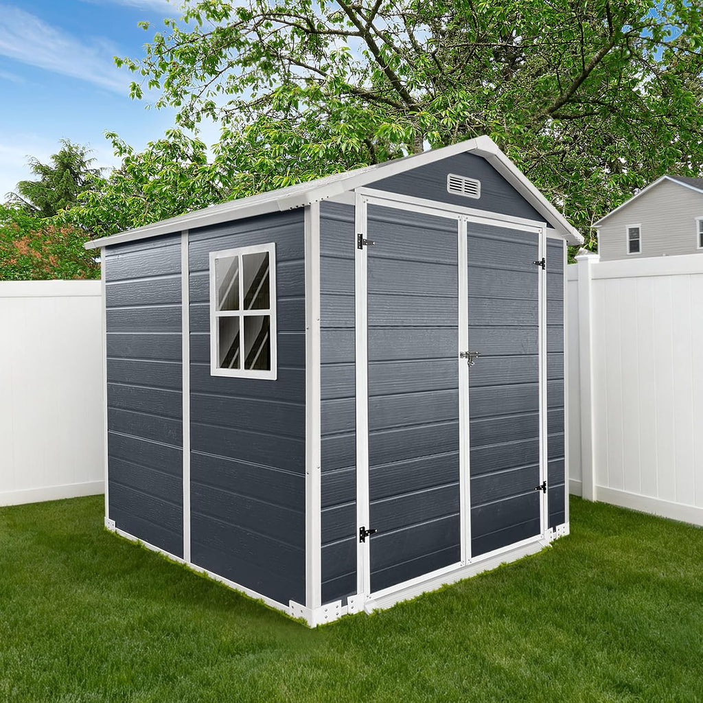 YOPTO 6x6 FT Storage Shed,Plastic Outdoor Storage Shed with Floor and Lockable Door,Waterproof Garden Shed W/Windows & Vents,Sloped Roof,Tool House for Storing Bicycles,Lawnmowers,Cold Grey