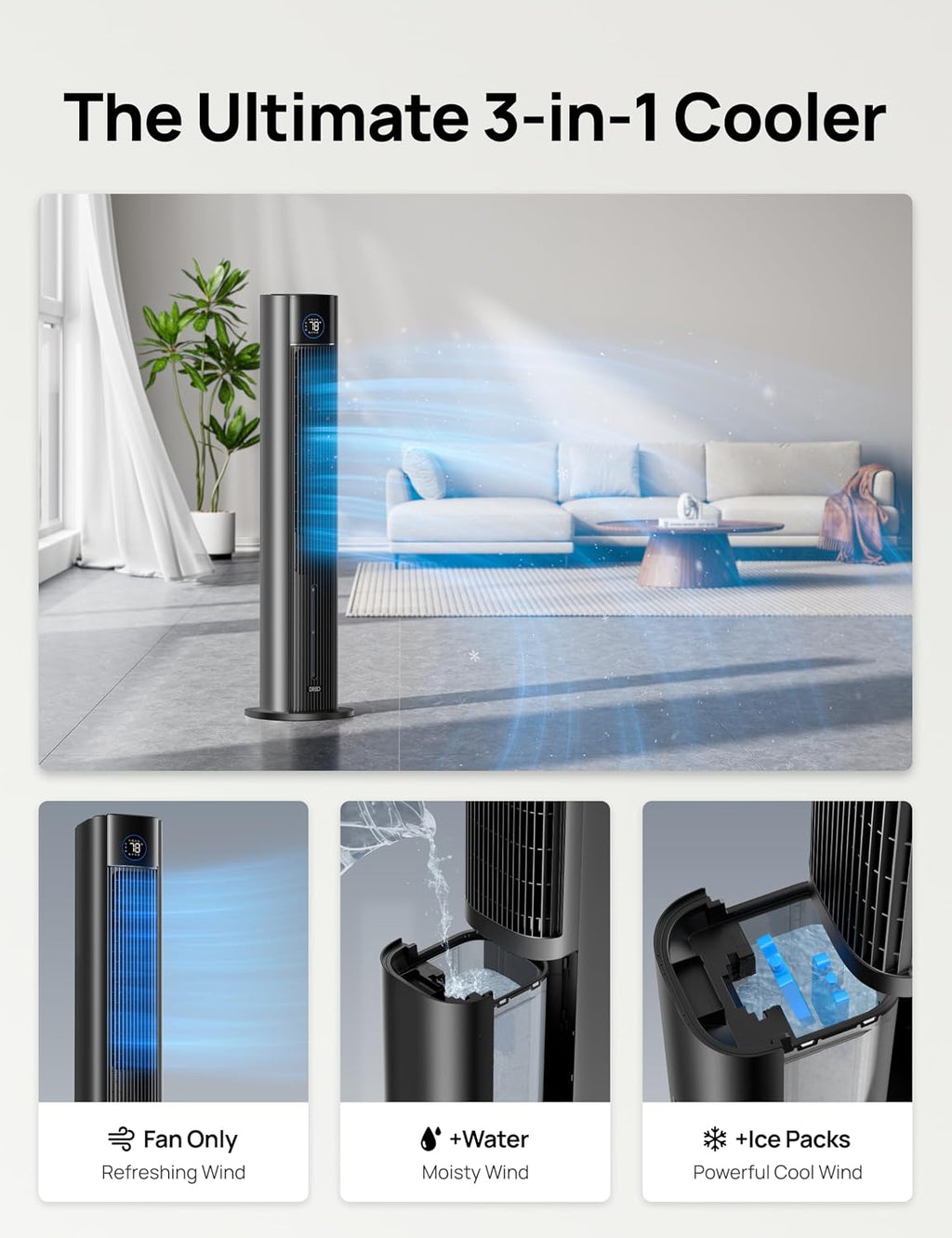 DREO Evaporative Air Swamp Cooler, 43' Cooling Fans that Blow Cold Air 2025 Upgraded, 85° Oscillating Floor Fan for Bedroom, Easy Cleaning, APP Control, Ice Packs, 4 Speeds & 4 Modes, 12H Timer, Black
