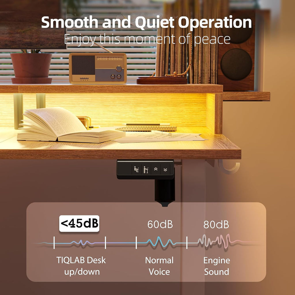 TIQLAB 63'' L-Shaped Standing Desk with LED Light Strip and Power Outlet, Height Adjustable Corner Table with Ergonomic Monitor Stand, Maple