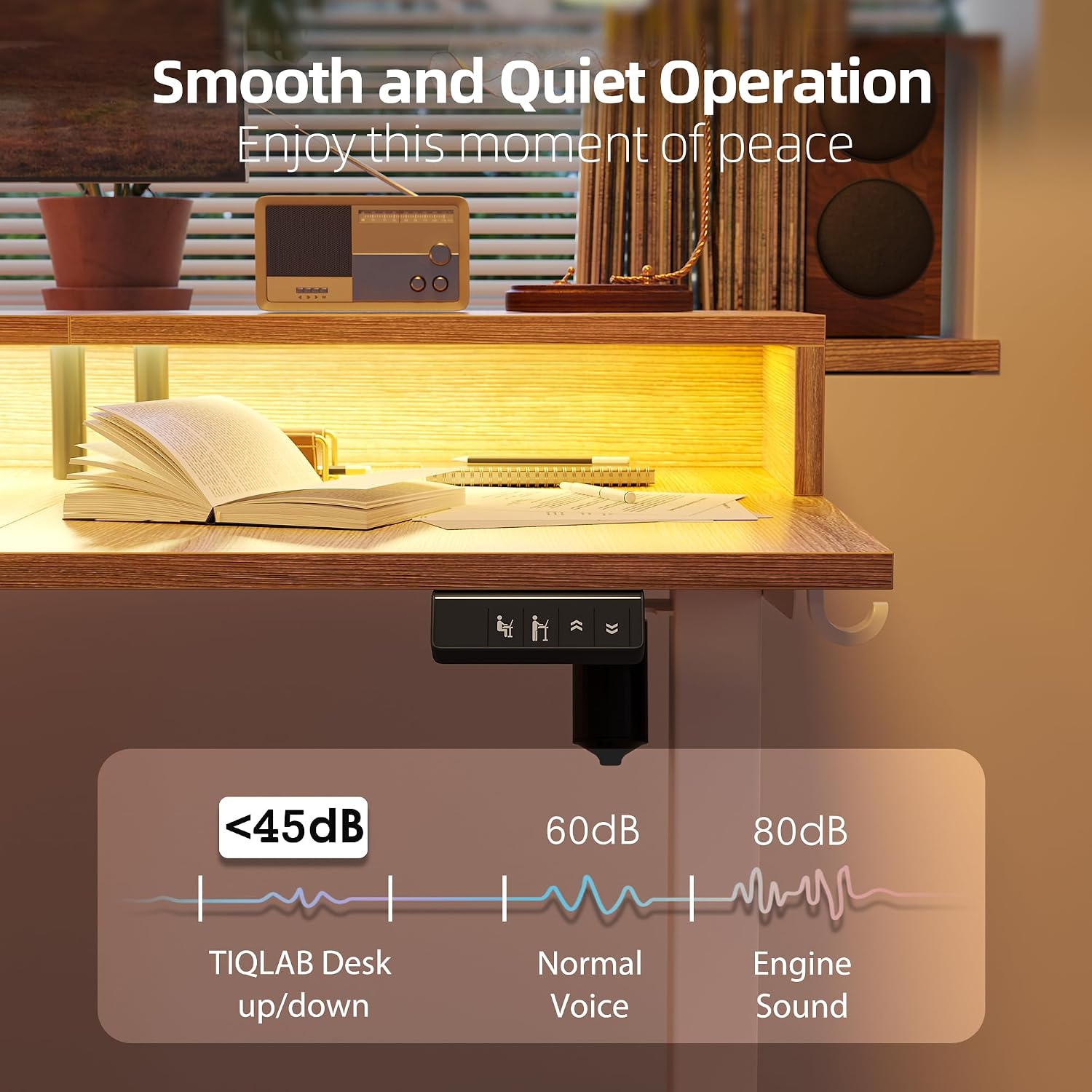 TIQLAB 63'' L-Shaped Standing Desk with LED Light Strip and Power Outlet, Height Adjustable Corner Table with Ergonomic Monitor Stand, Maple