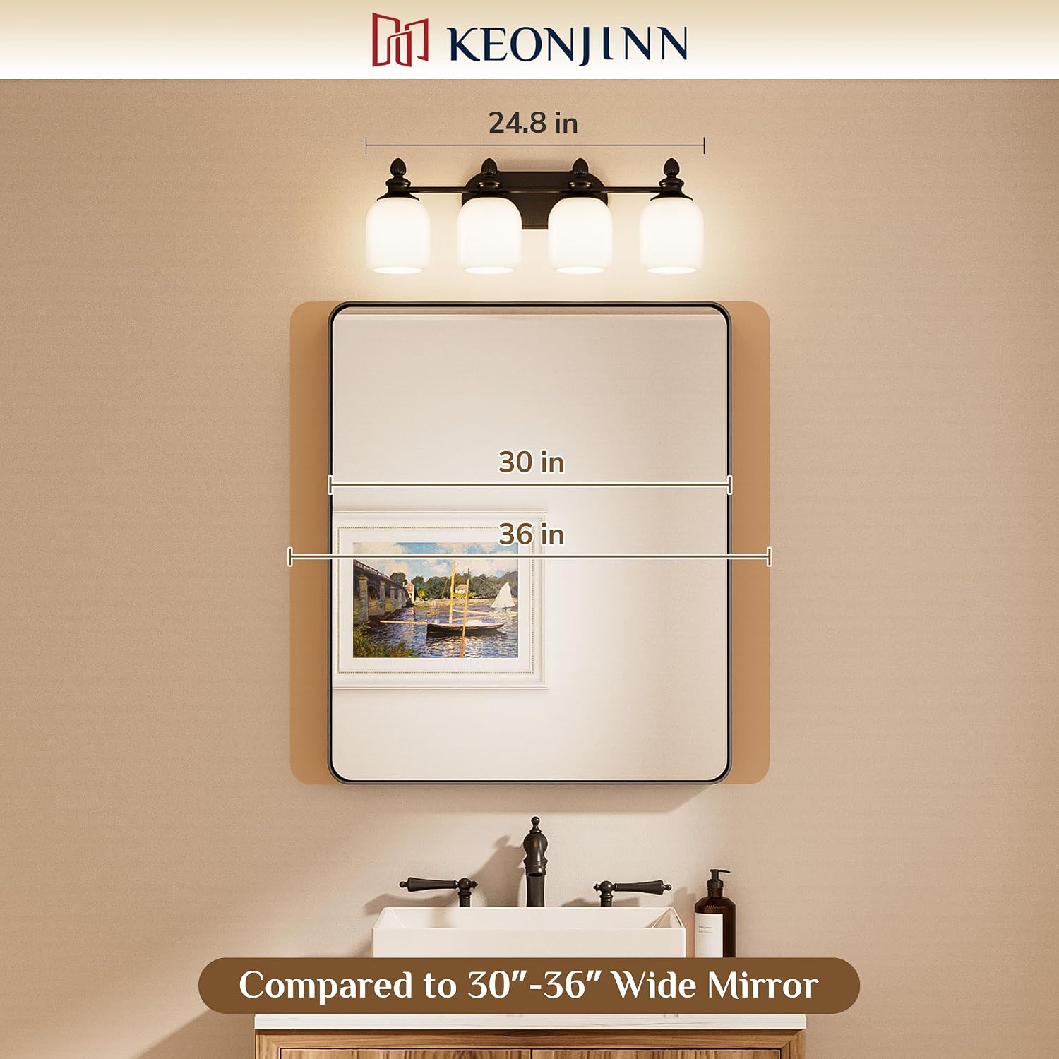 Keonjinn Gold Bathroom Light Fixtures, 4-Light Vintage Vanity Lights for Mirror with Frosted Glass Shades, UL Listed E26 Base(Bulbs Not Included), Reversible Vanity Lighting Fixtures for Bathroom