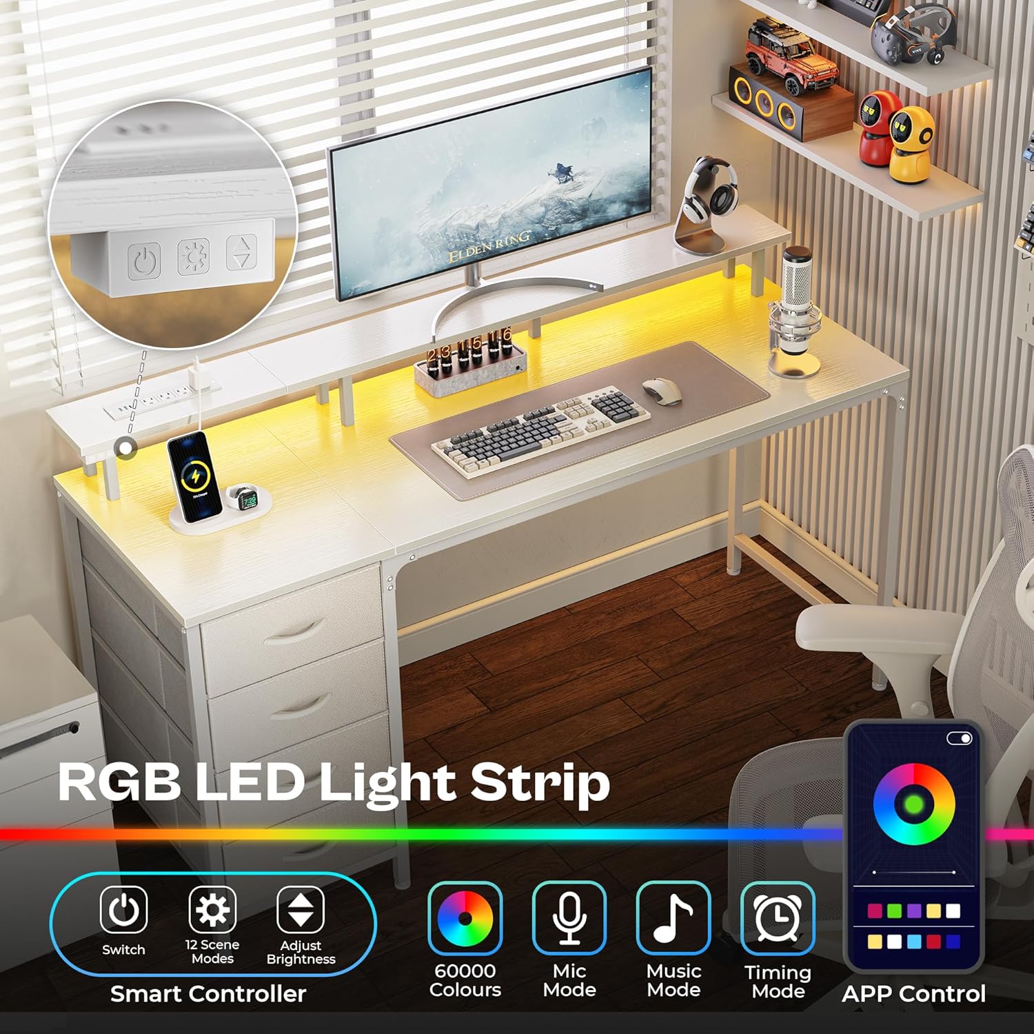 Huuger 55 Inch Computer Desk with Power Outlets and LED Lights, Gaming Desk with 4 Drawers, Office Desk with Monitor Stand, Study Work Home Office, White