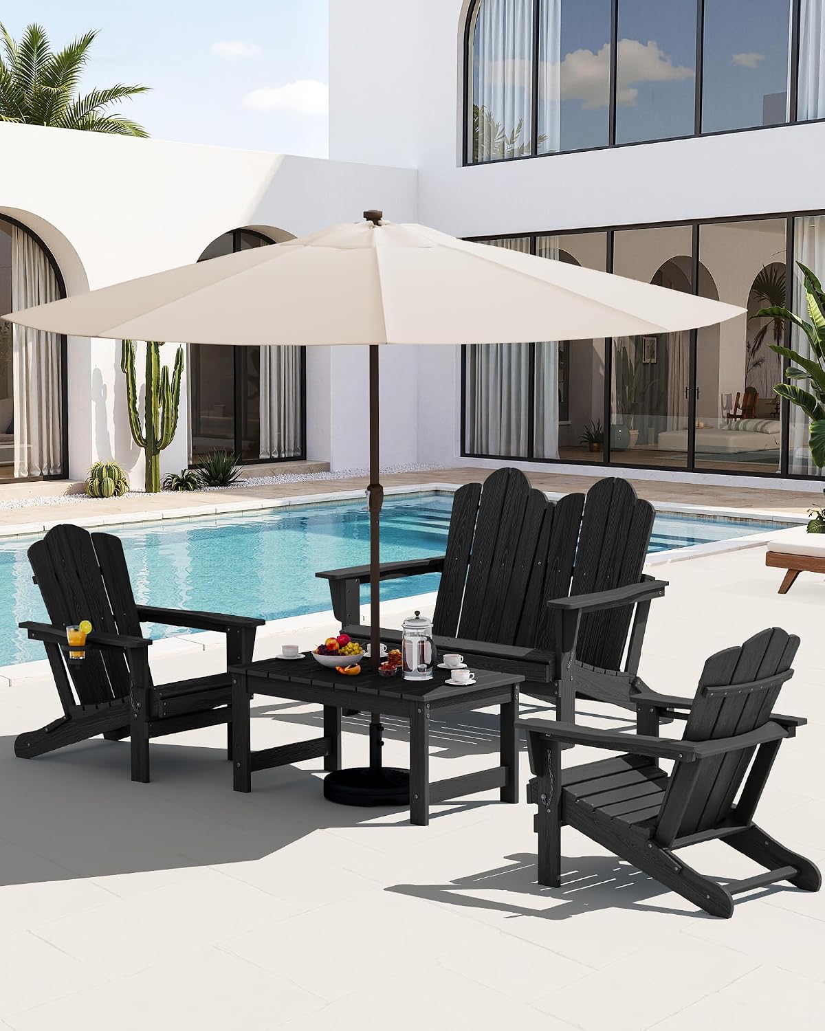 SERWALL 4 Pieces HDPE Patio Adirondack Chair Set, 2 Adirondack Chair with Cup Holder & 1 Adirondack Bench & 1 Coffee Table with Umbrella Hole, Black