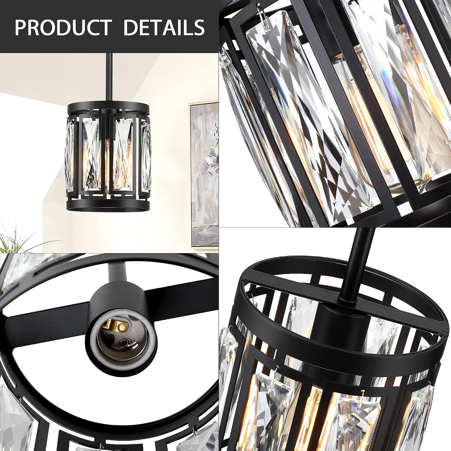 Crystal Pendant Lighting Fixture Matte Black Drum Shade Chandelier,3-Pack Pendant Lights for Kitchen Island Modern Ceiling Lights for Living Room
