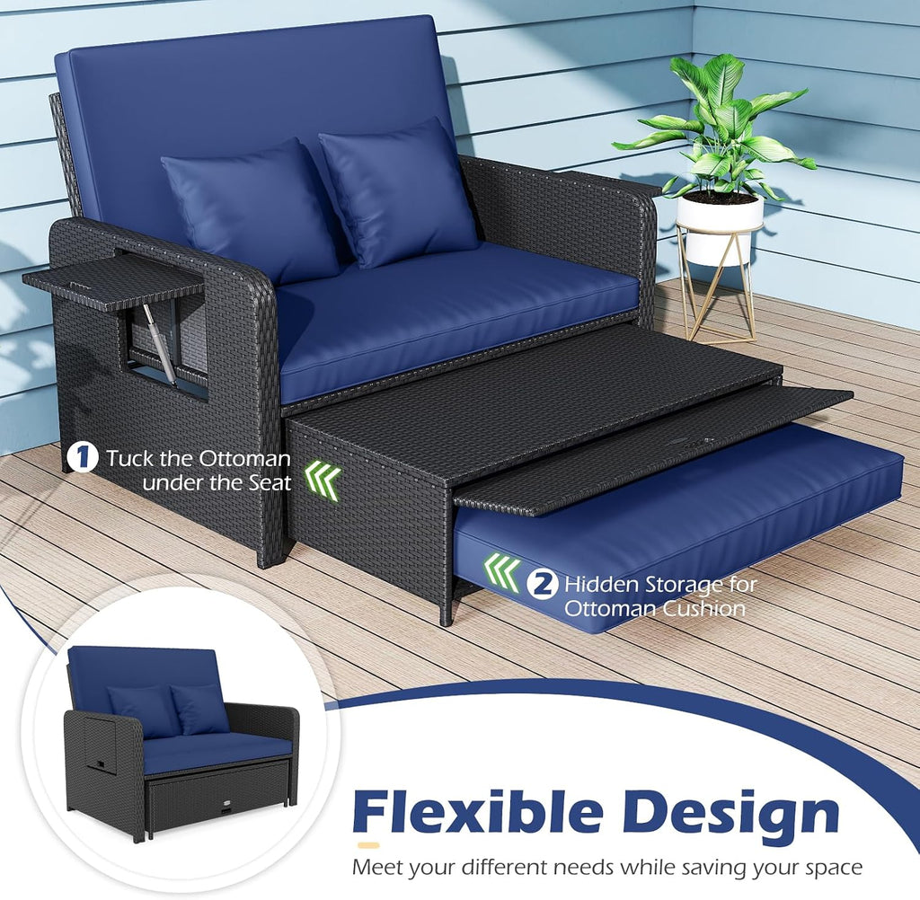 COSTWAY Patio Rattan Daybed with Cushions, Outdoor Wicker Loveseat Sofa with Storage Ottoman, 4-Level Adjustable Backrest, Bed Lounger for Yard, Balcony, Porch, Garden, Pool (Black+Navy)