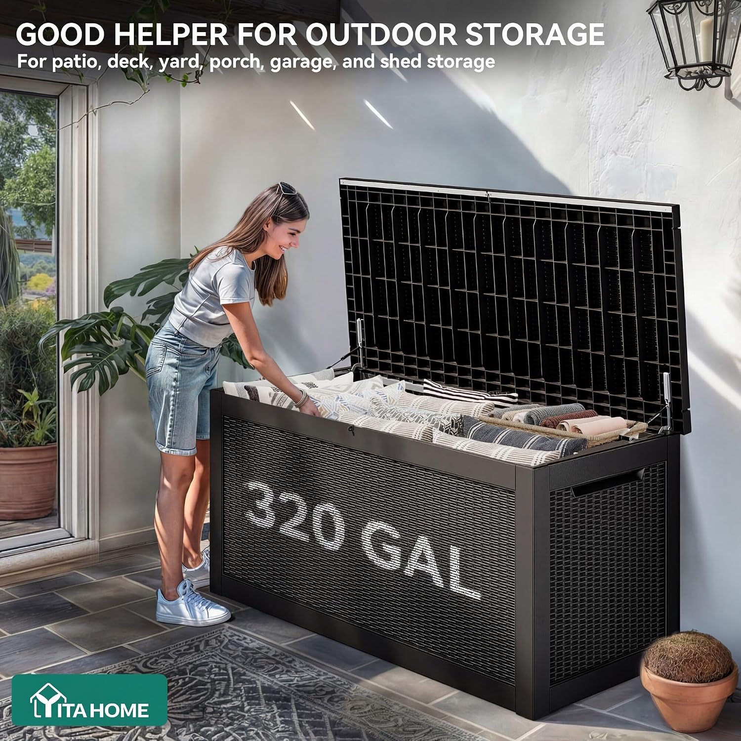 YITAHOME 320 Gallon Outdoor Storage Box, Large Water Resistant Resin Deck Box, Indoor Outdoor Lockable Storage Container for Patio, Garden, Cushions, Tools, Equipment(Black)