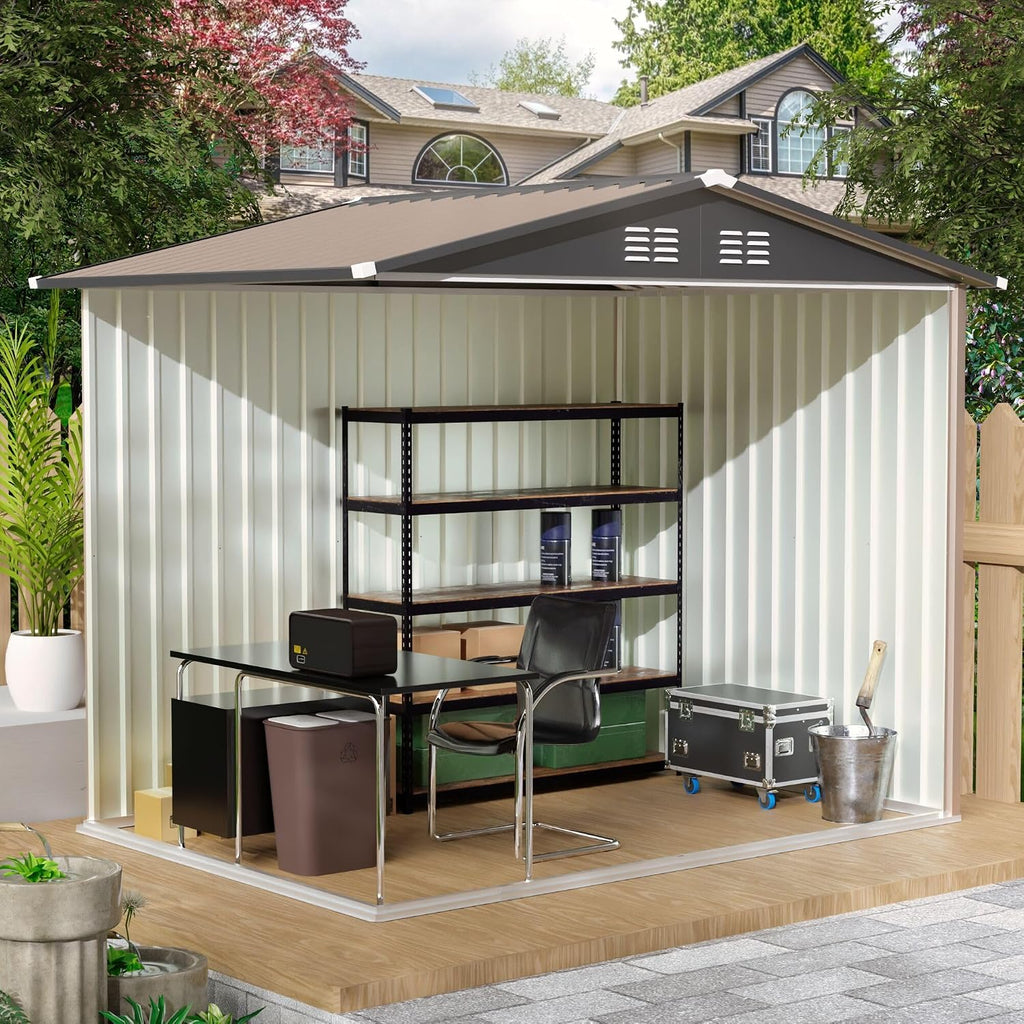 YOPTO 8x6 FT Outdoor Storage Shed,Waterproof Metal Cabinet with Apex Roof and Lockable,Storage Sheds House Shelter w/Vents,Tool House for Storing Bicycles,Lawnmowers,Brown